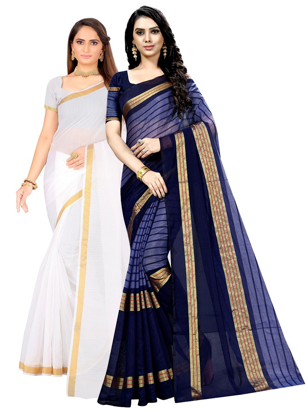 

Florence Pack Of 2 Zari Ilkal Saree, White