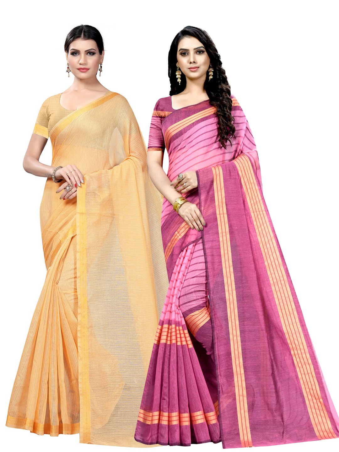 

Florence Pack of 2 Striped Zari Ilkal Saree, Beige