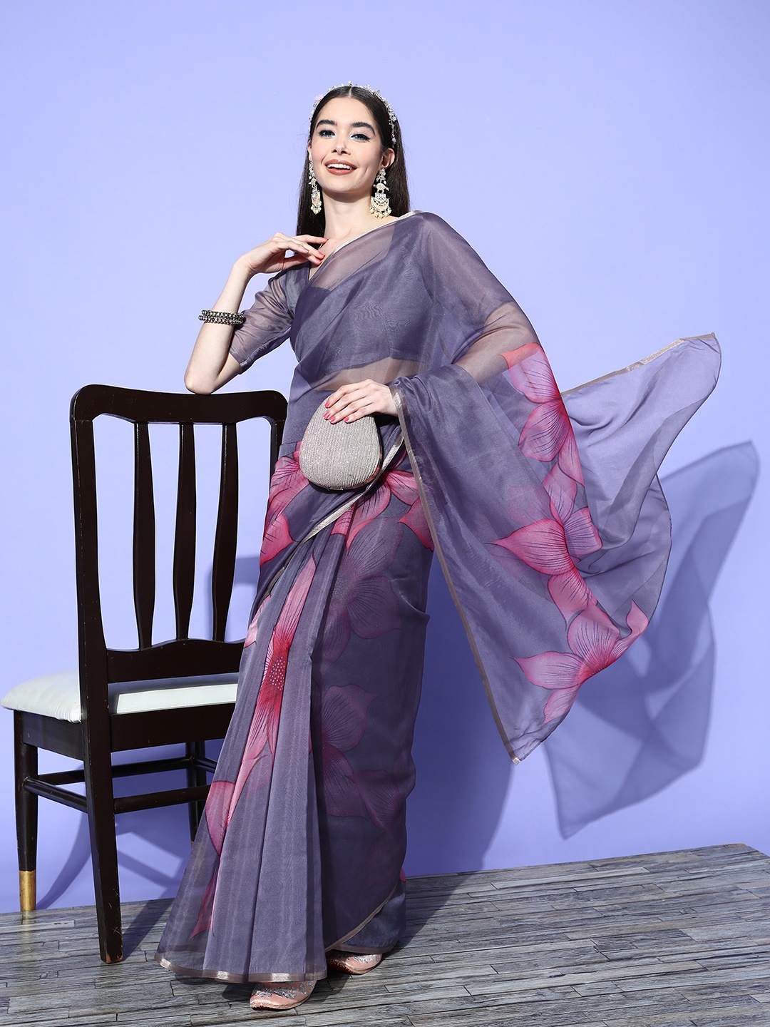 

Satrani Floral Printed Organza Saree, Mauve