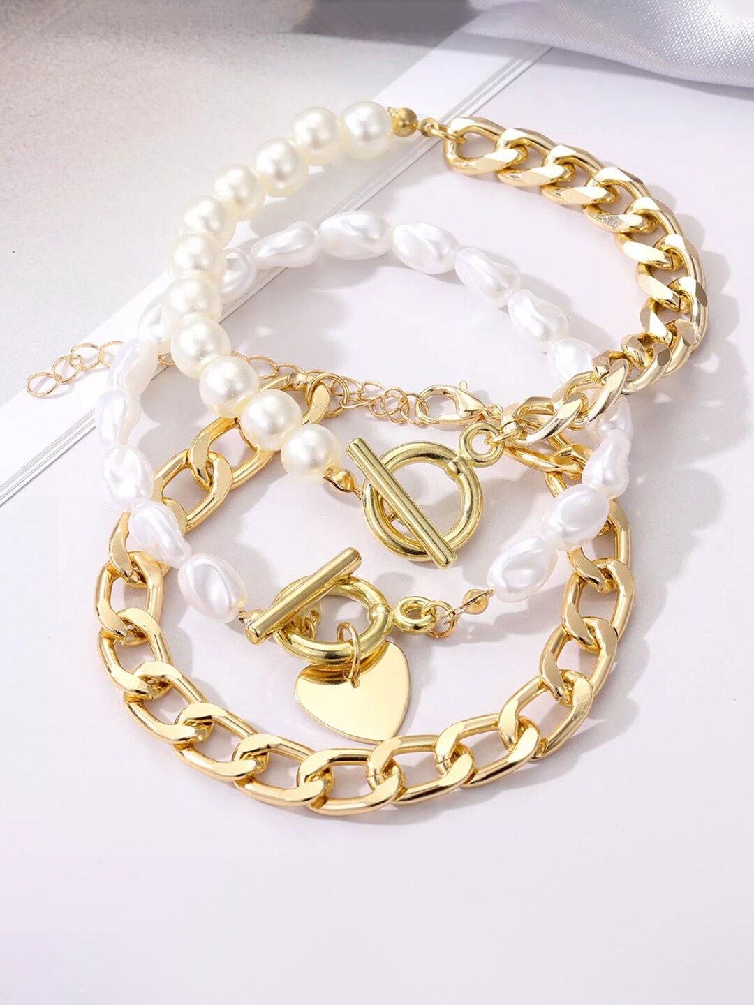 

Jewels Galaxy Women Set Of 3 Pearls Gold-Plated Link Bracelet