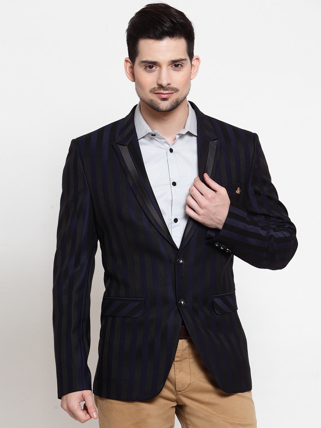 

LUXURAZI Men Striped Single-Breasted Party Blazer, Blue