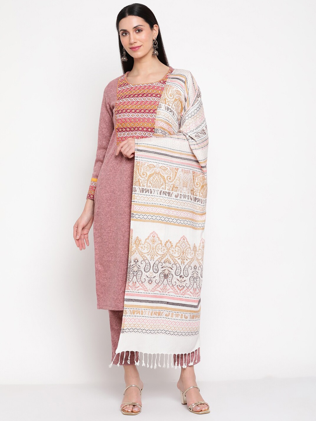 

Be Indi Embroidered Thread Work Kurta with Trousers & Printed Dupatta, Pink