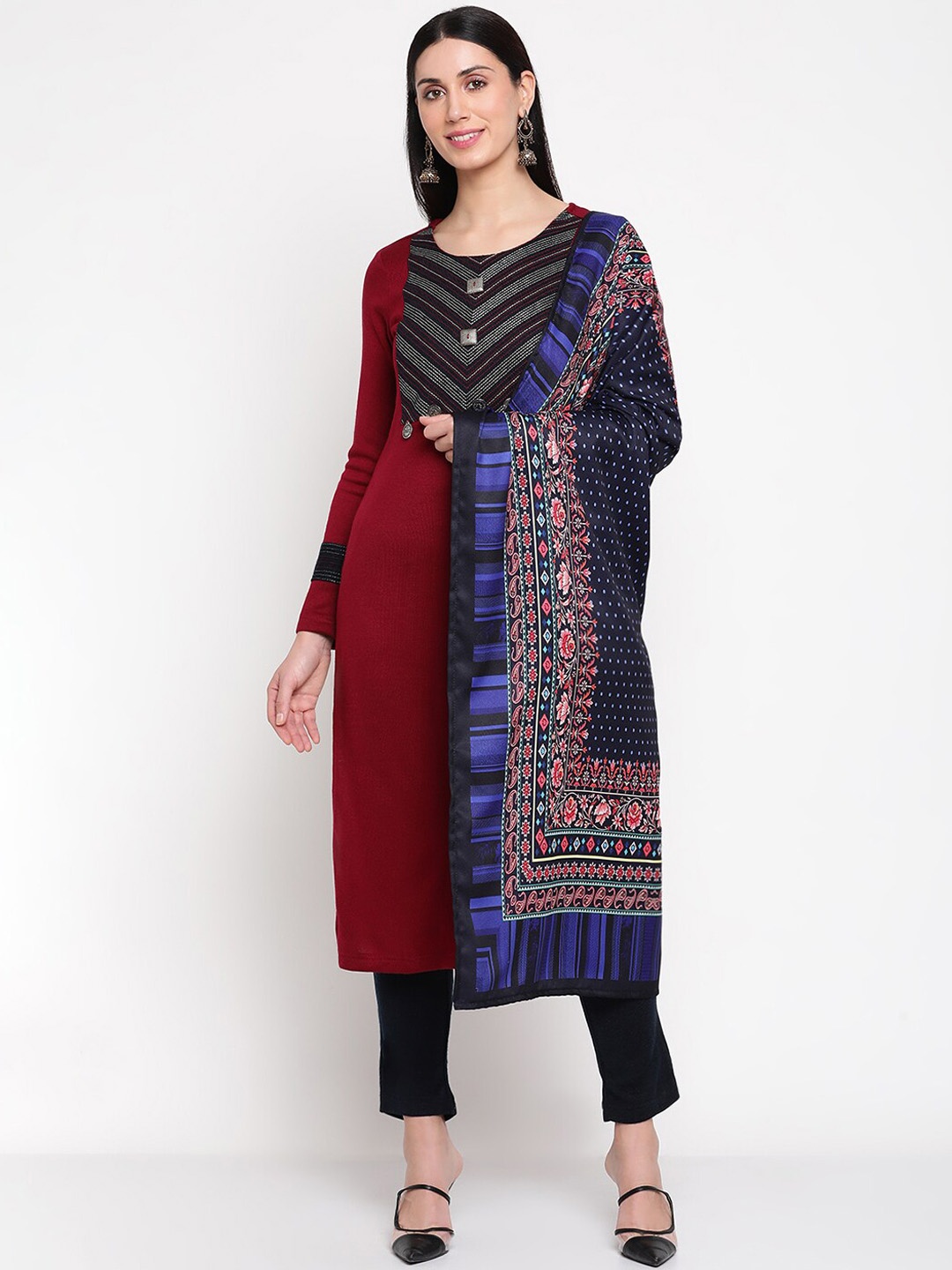 

Be Indi Women Striped Embroidered Winter Kurta with Trousers & Dupatta, Maroon