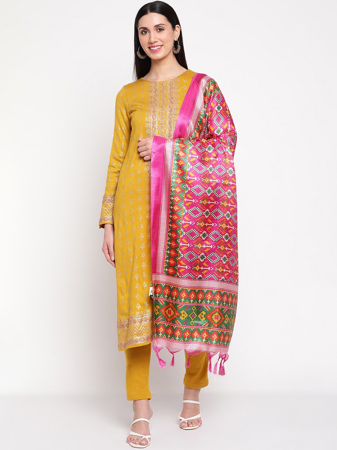 

Be Indi Ethnic Motifs Printed Thread Work Kurta with Trousers & Dupatta, Mustard