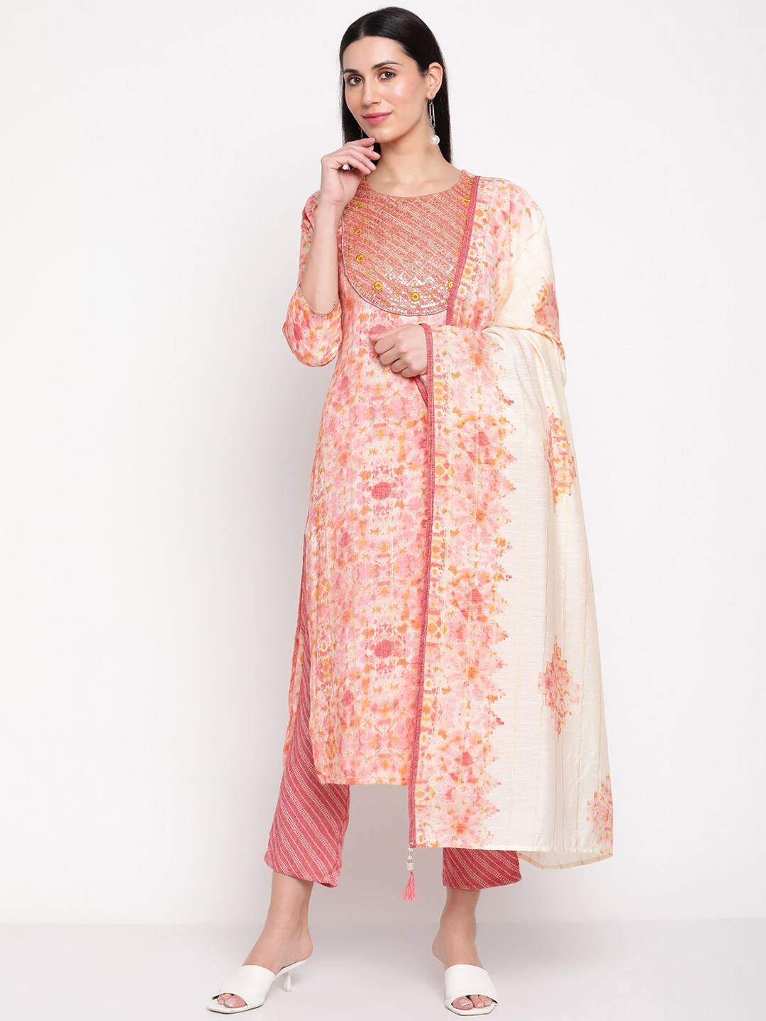 

Be Indi Printed And Sequinned Kurta with Trousers & Dupatta, Peach