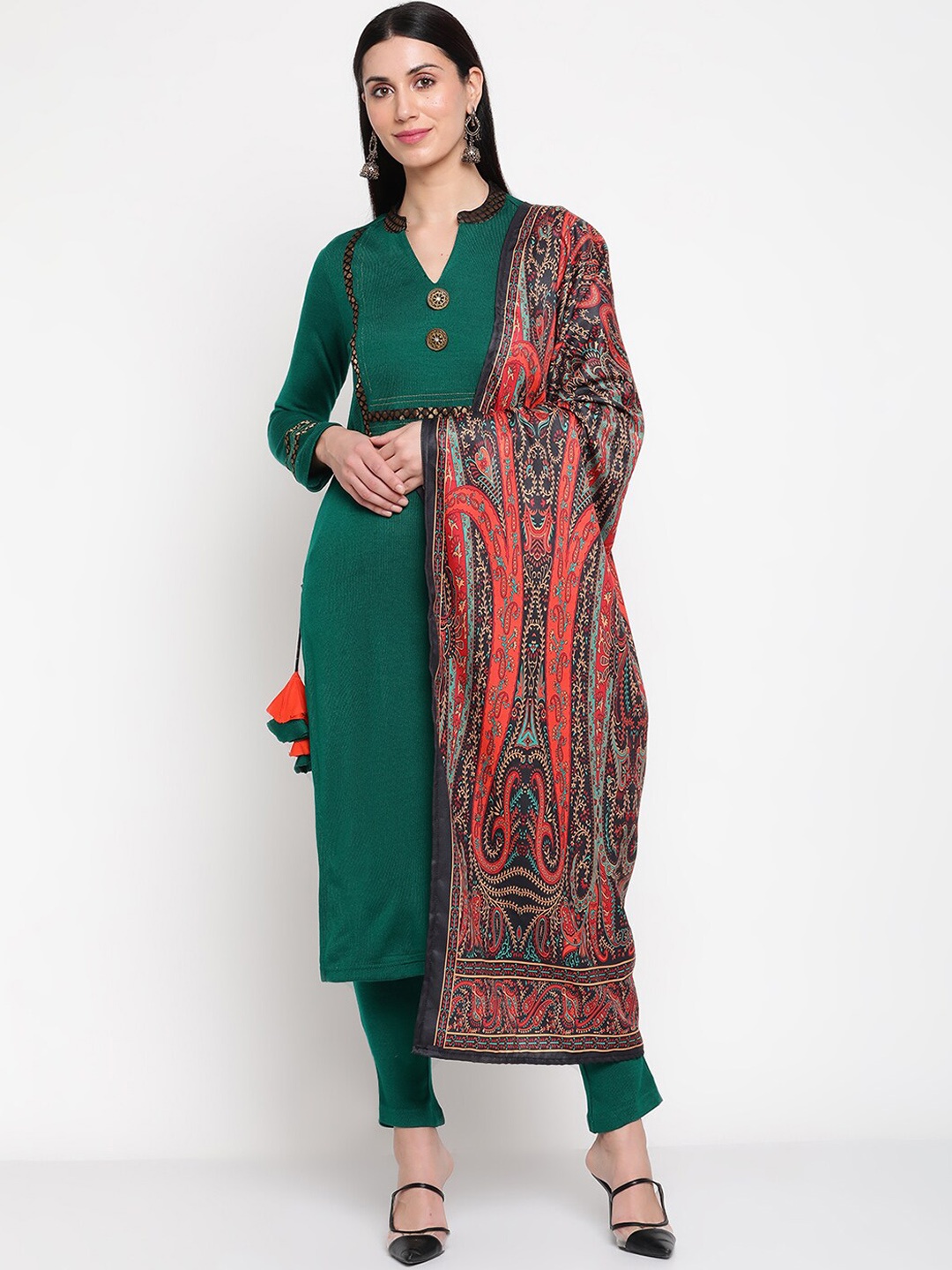 

Be Indi Women Ethnic Motifs Yoke Design Acrylic Kurta with Trousers & Dupatta, Green