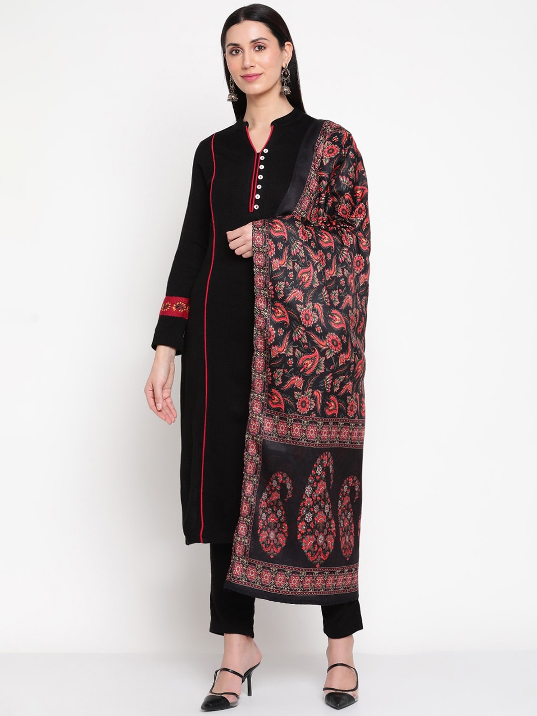 

Be Indi Women Panelled Acrylic Kurta with Trousers & Dupatta, Black