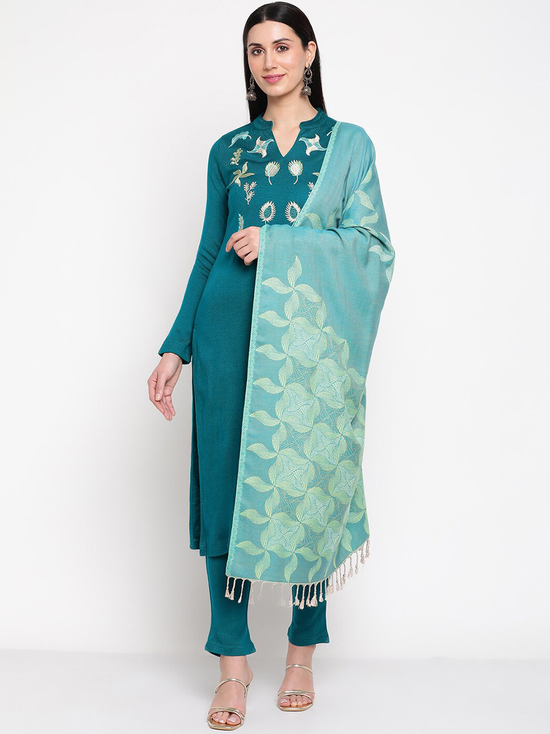 

Be Indi Women Ethnic Motifs Embroidered Acrylic Kurta with Trousers & Dupatta, Turquoise blue