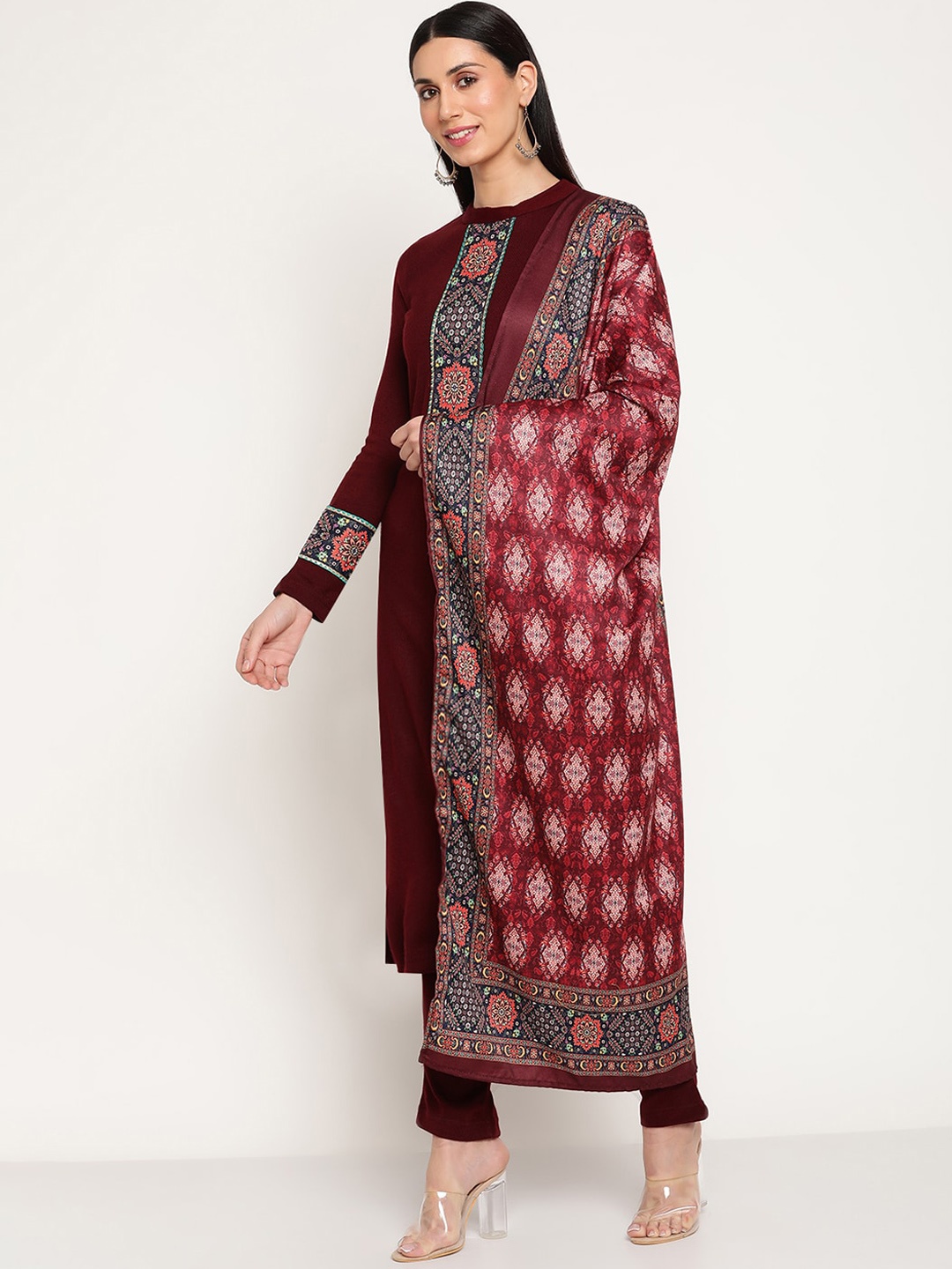 

Be Indi Women Ethnic Motifs Yoke Design Acrylic Kurta with Trousers & Dupatta, Maroon