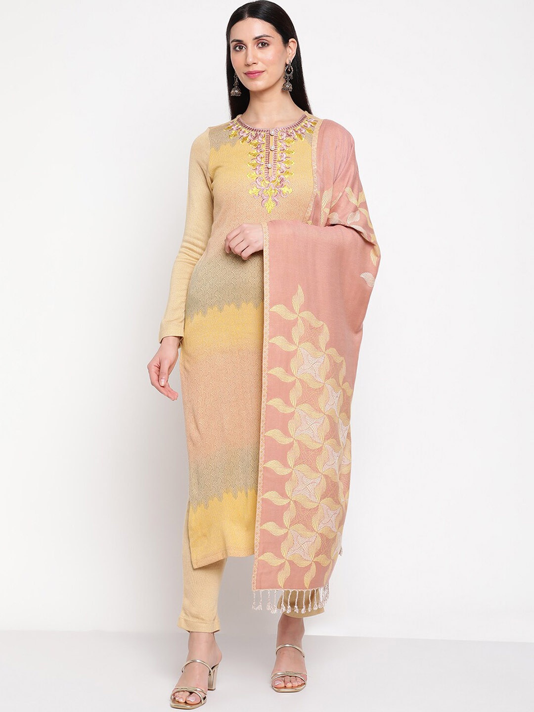 

Be Indi Floral Embroidered Kurta with Trousers & Dupatta, Beige