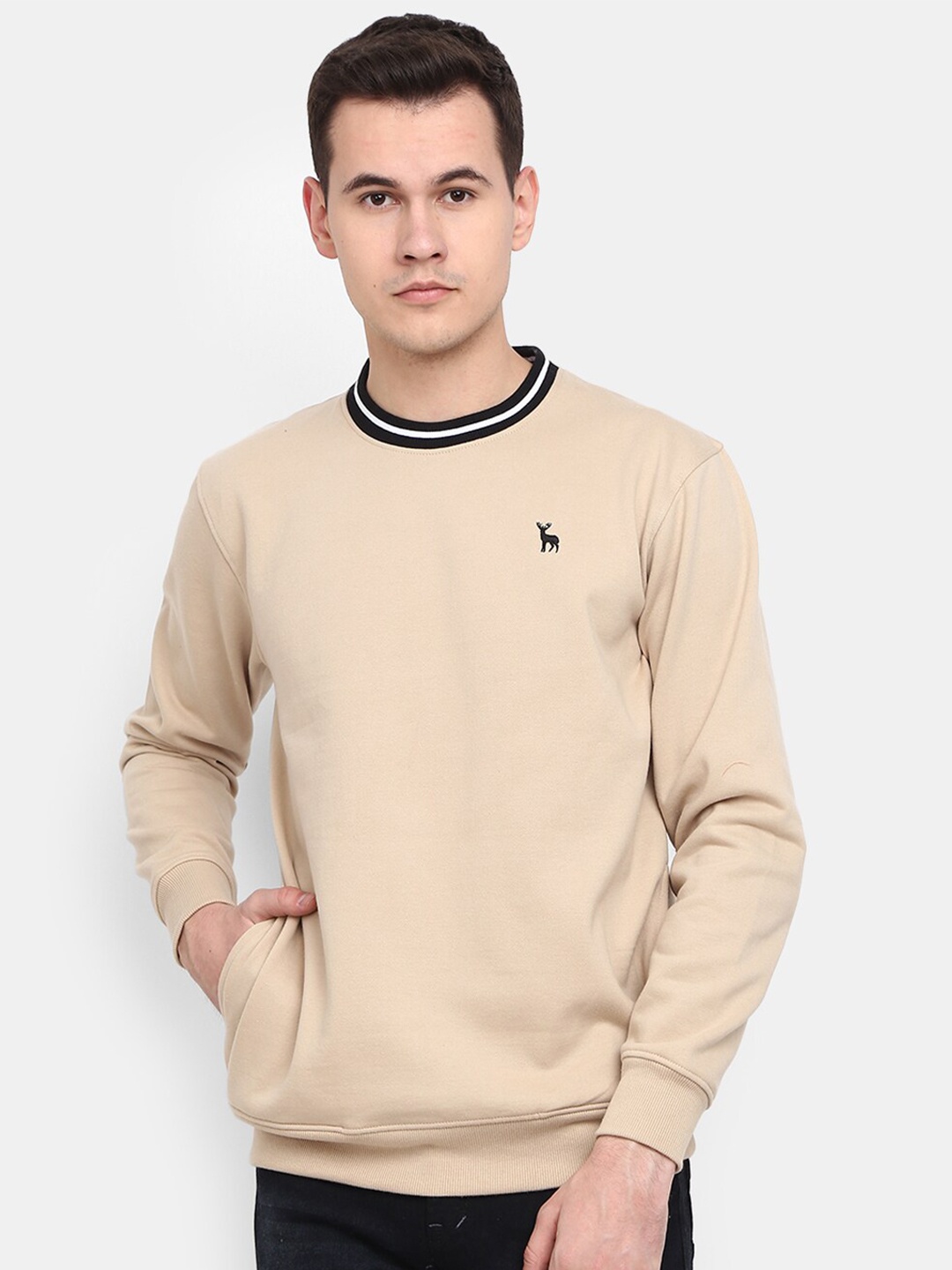 

V-Mart Men Round Neck Fleece Sweatshirt, Beige