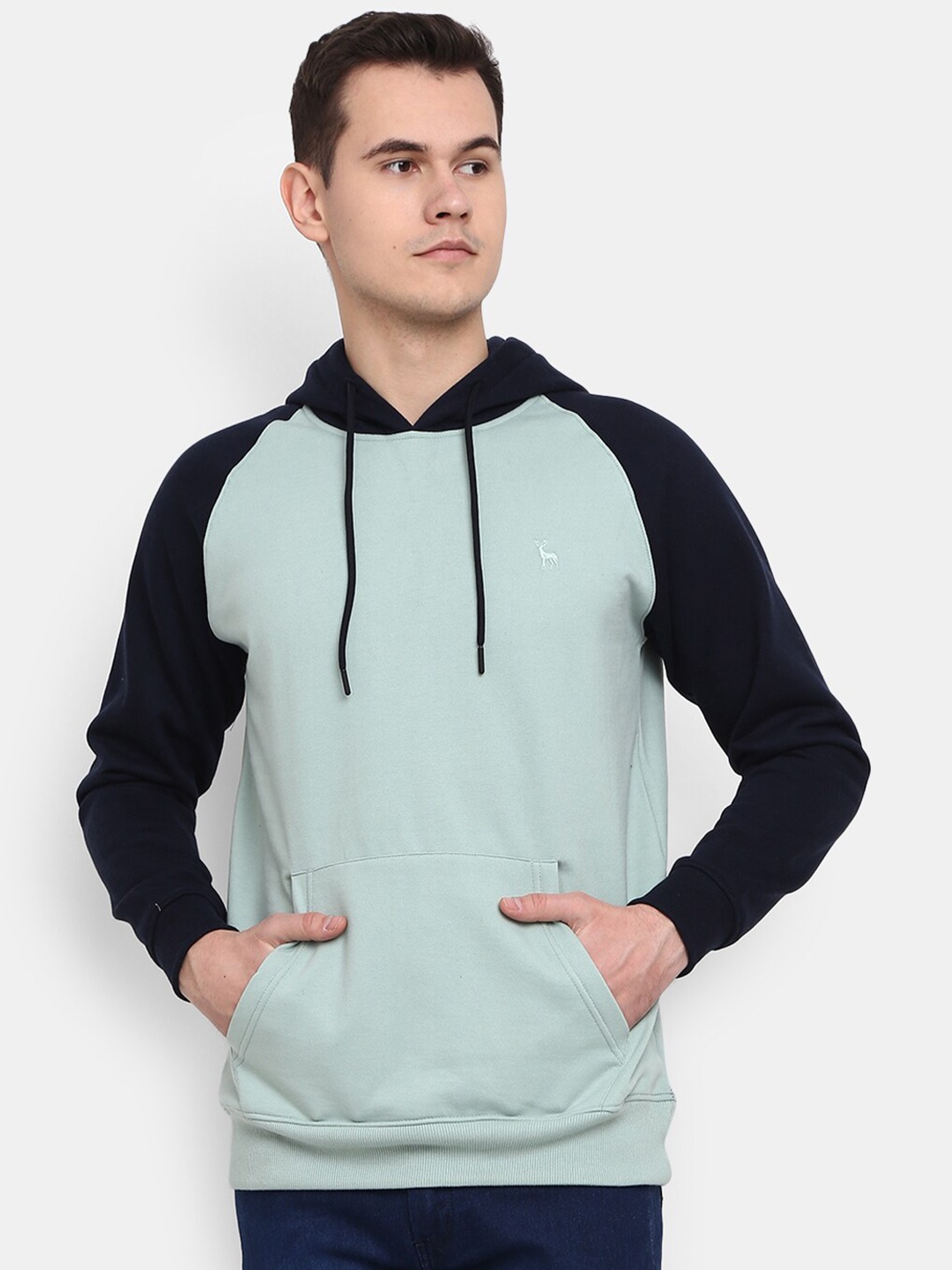 

V-Mart Men Sea Colourblocked Hooded Cotton Sweatshirt, Sea green