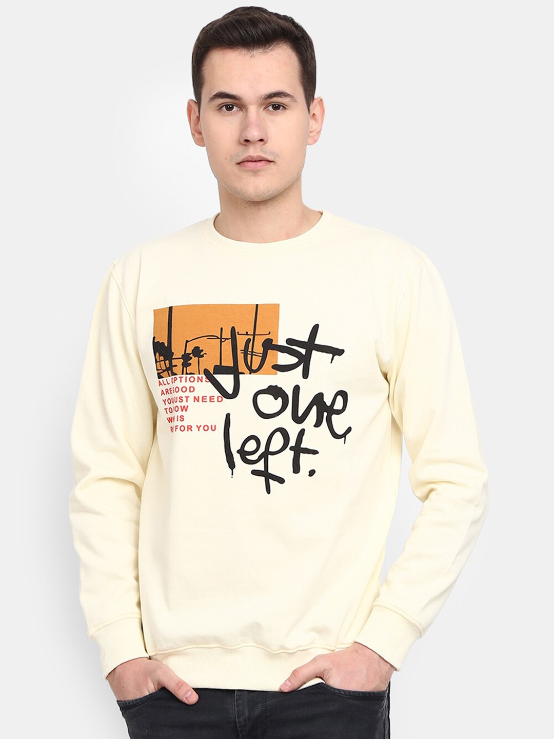 

V-Mart Men Printed Cotton Sweatshirt, Cream