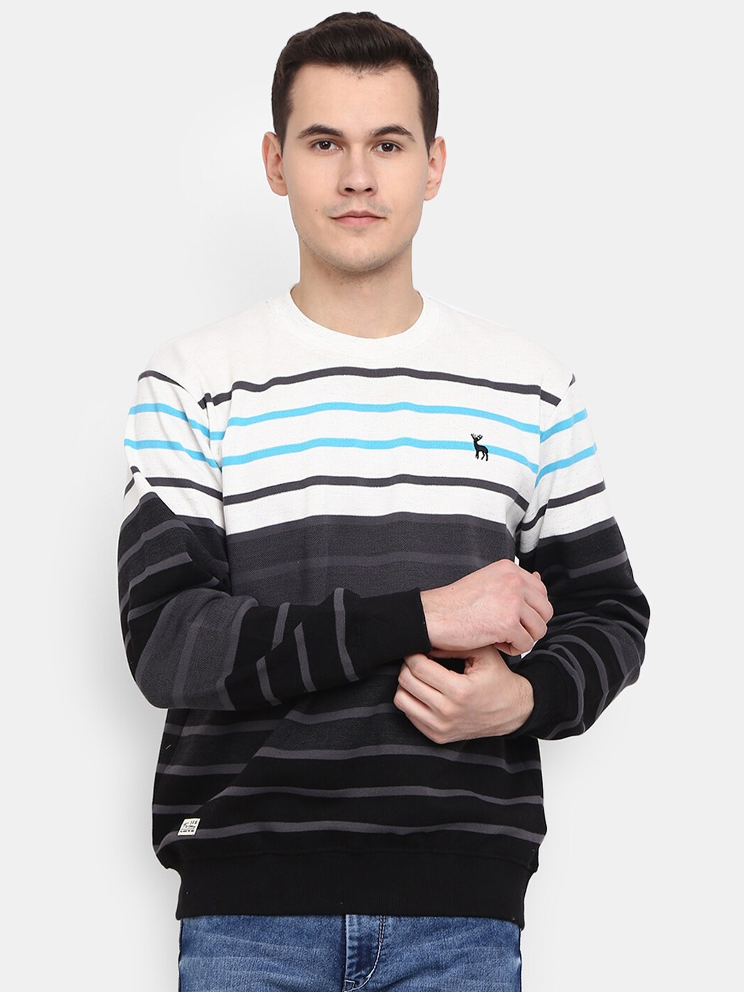 

V-Mart Men Round Neck Striped Cotton Sweatshirt, Black