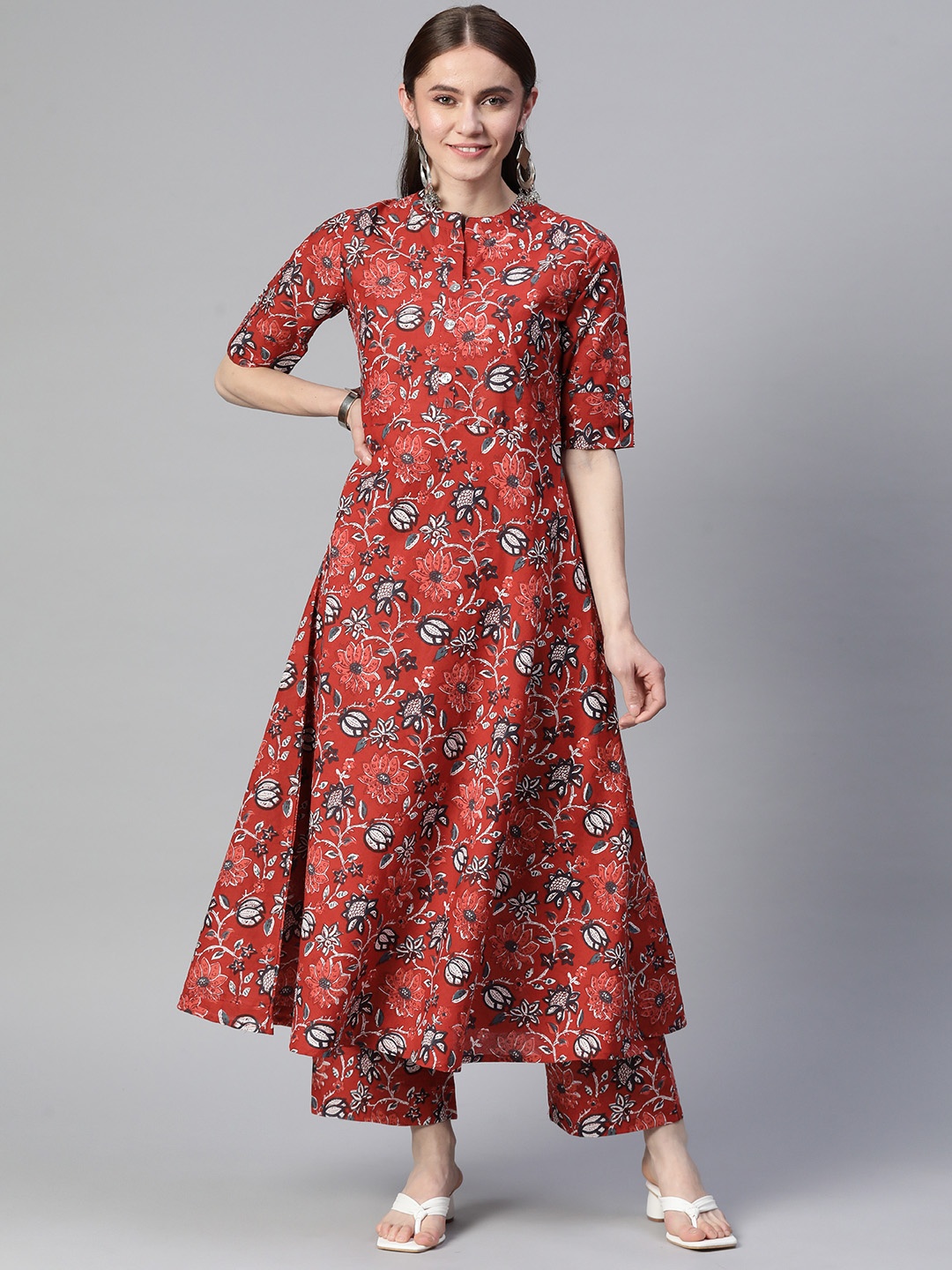 

mokshi Women Floral Printed Anarkali Pure Cotton Kurta With Palazzos, Red