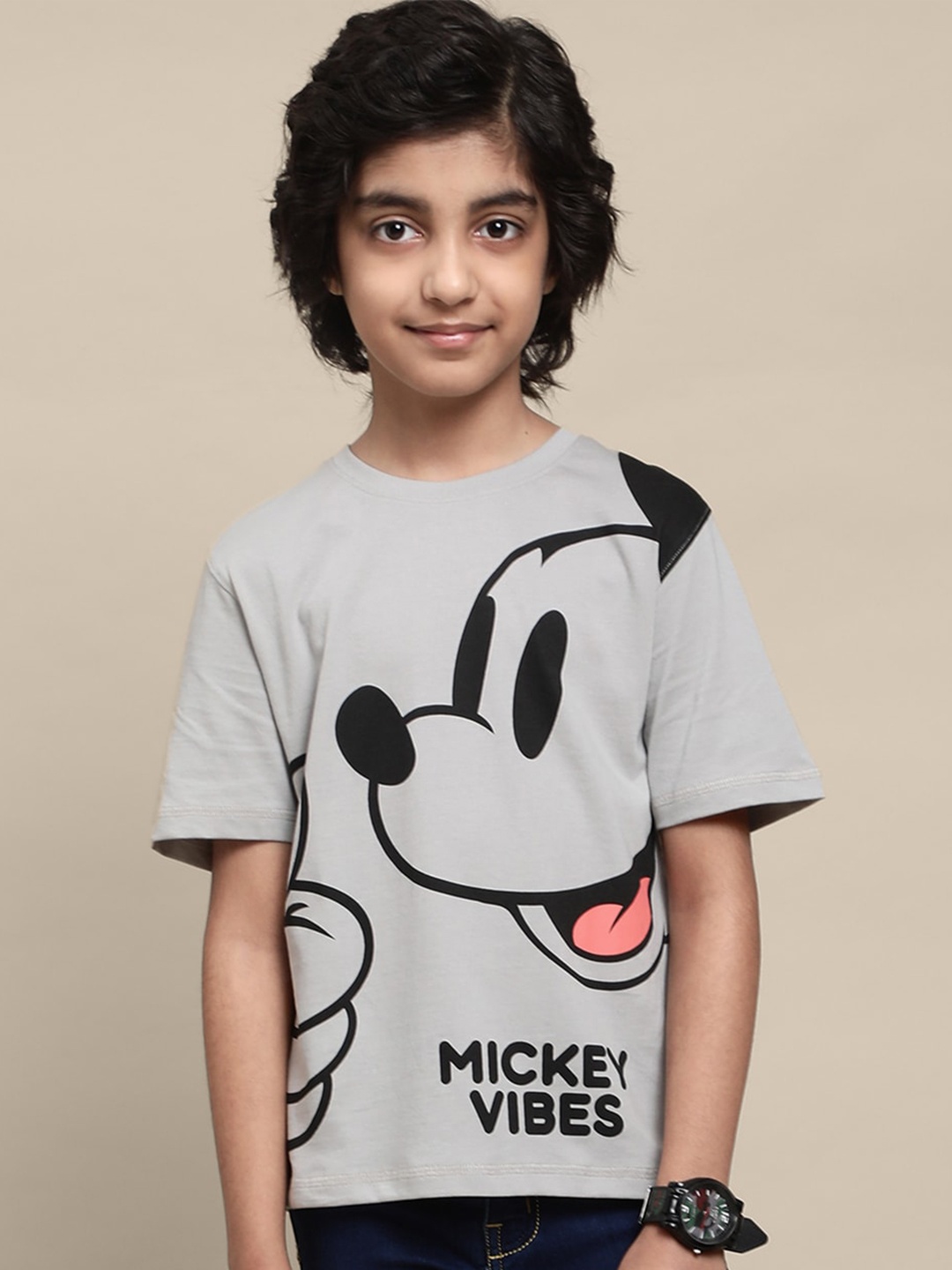 

Kids Ville Boys Mickey Mouse Printed Cotton T-shirt, Grey