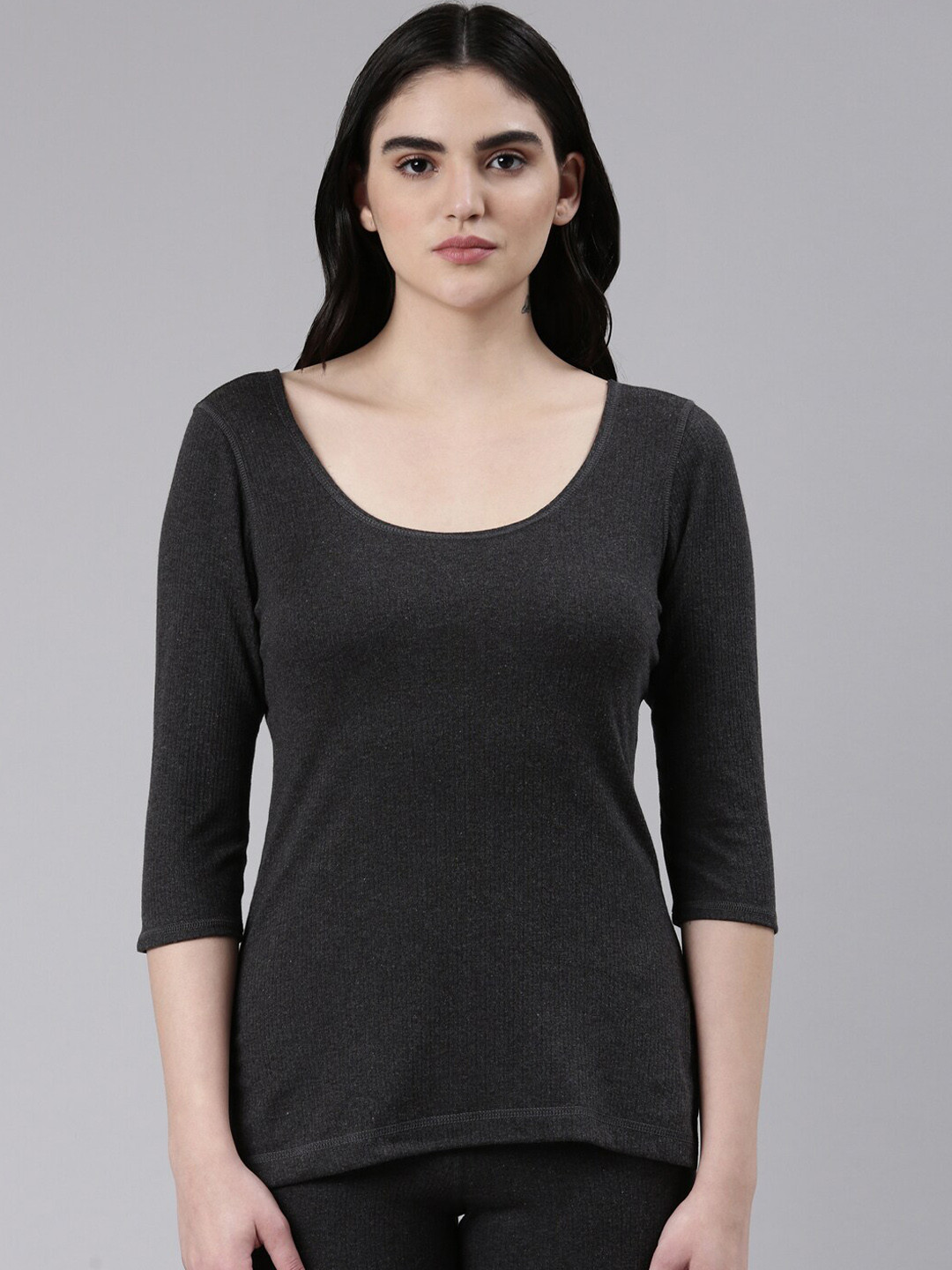 

FASO Women Cotton Round Neck Thermal Top, Charcoal