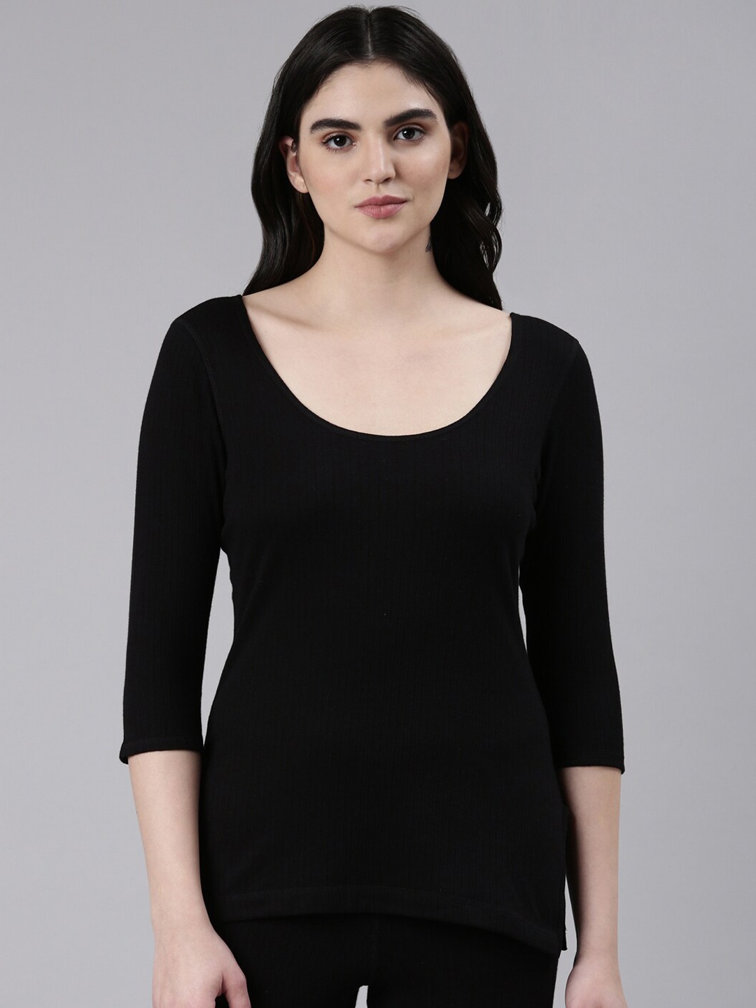 

FASO Women Cotton Knitted Thermal Top, Black