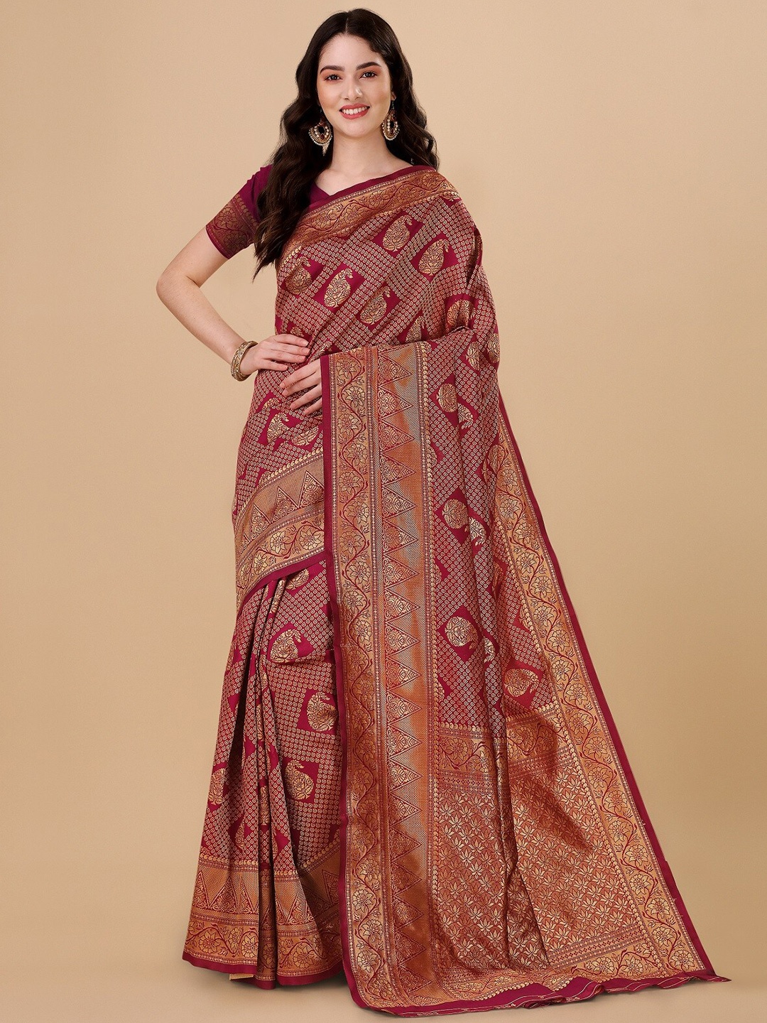 

ZIKARAA Ethnic Motifs Zari Pure Silk Banarasi Saree, Maroon