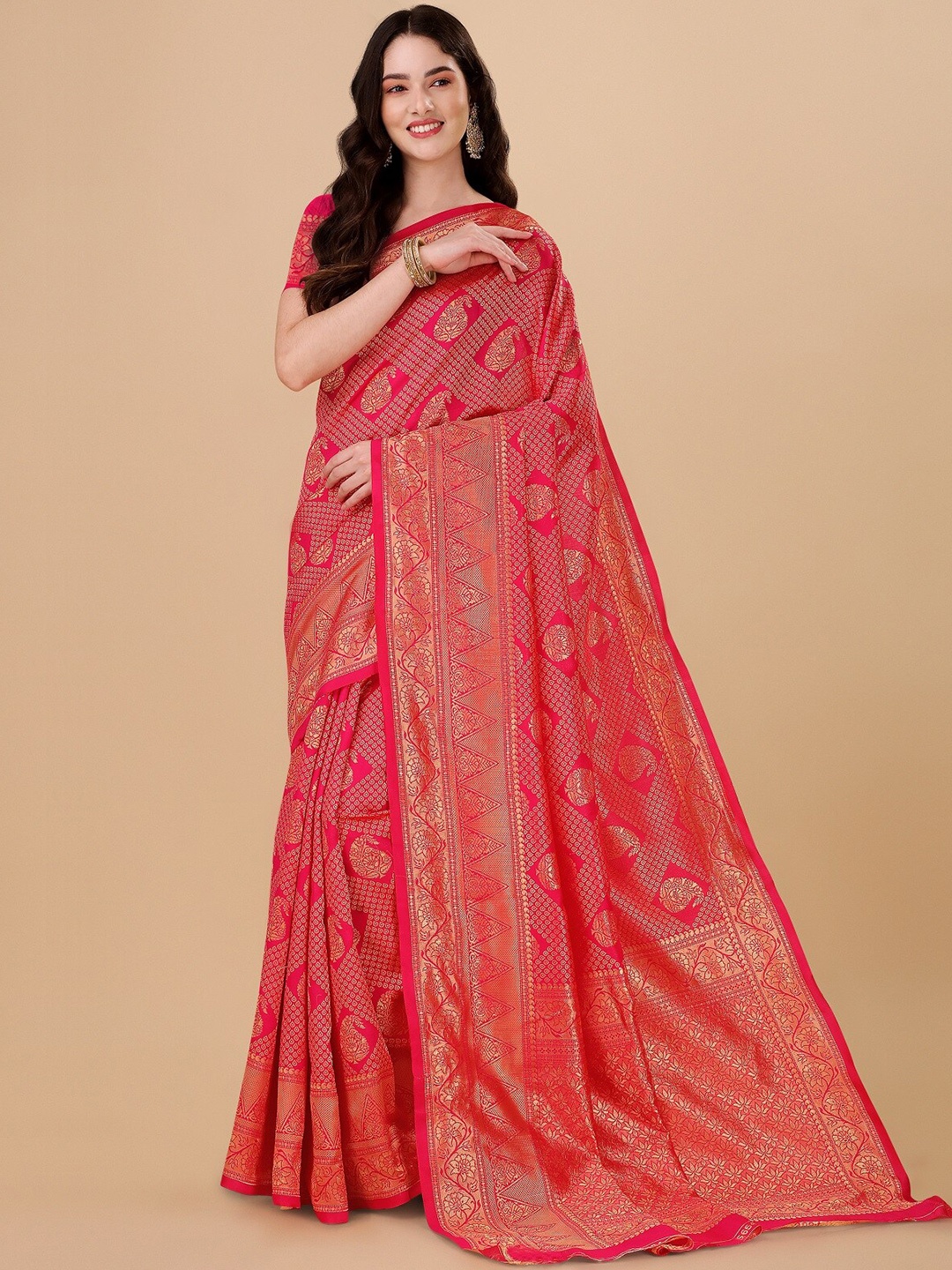 

ZIKARAA Woven Design Zari Pure Silk Banarasi Saree, Pink