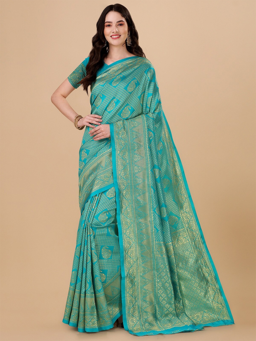 

ZIKARAA Woven Design Zari Pure Silk Banarasi Saree, Turquoise blue