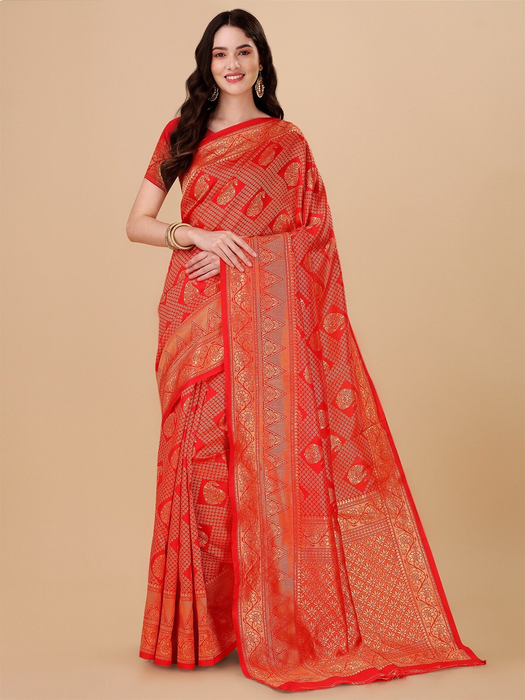 

ZIKARAA Woven Design Zari Pure Silk Banarasi Saree, Red