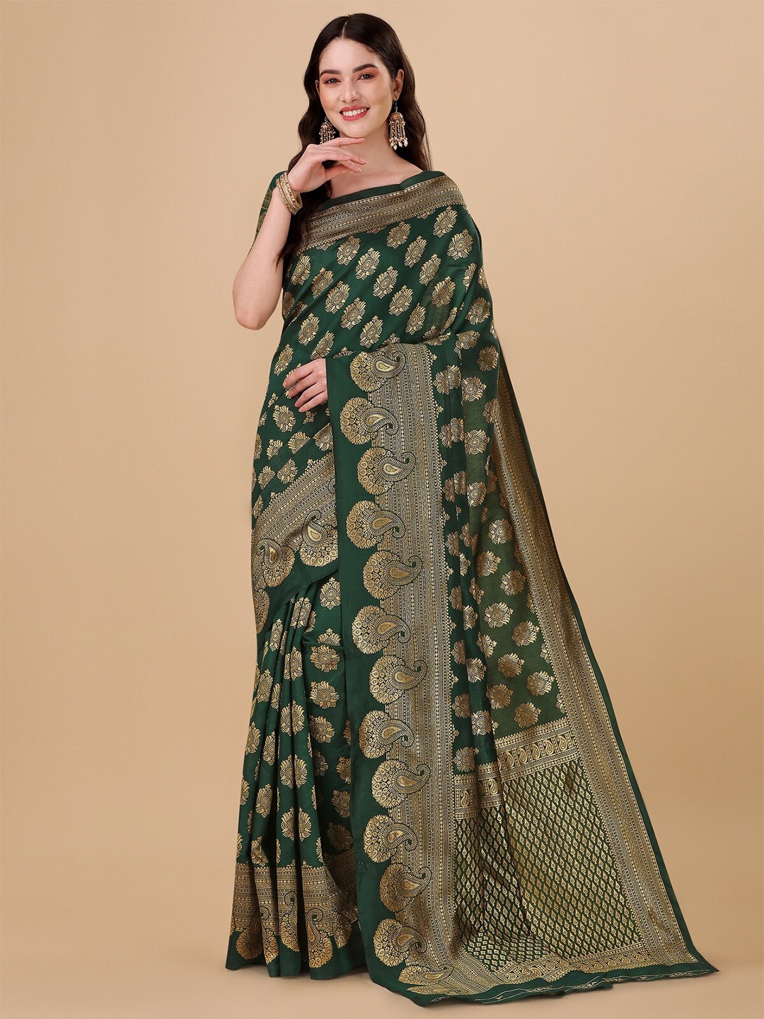 

ZIKARAA Ethnic Motifs Zari Pure Silk Banarasi Saree, Green