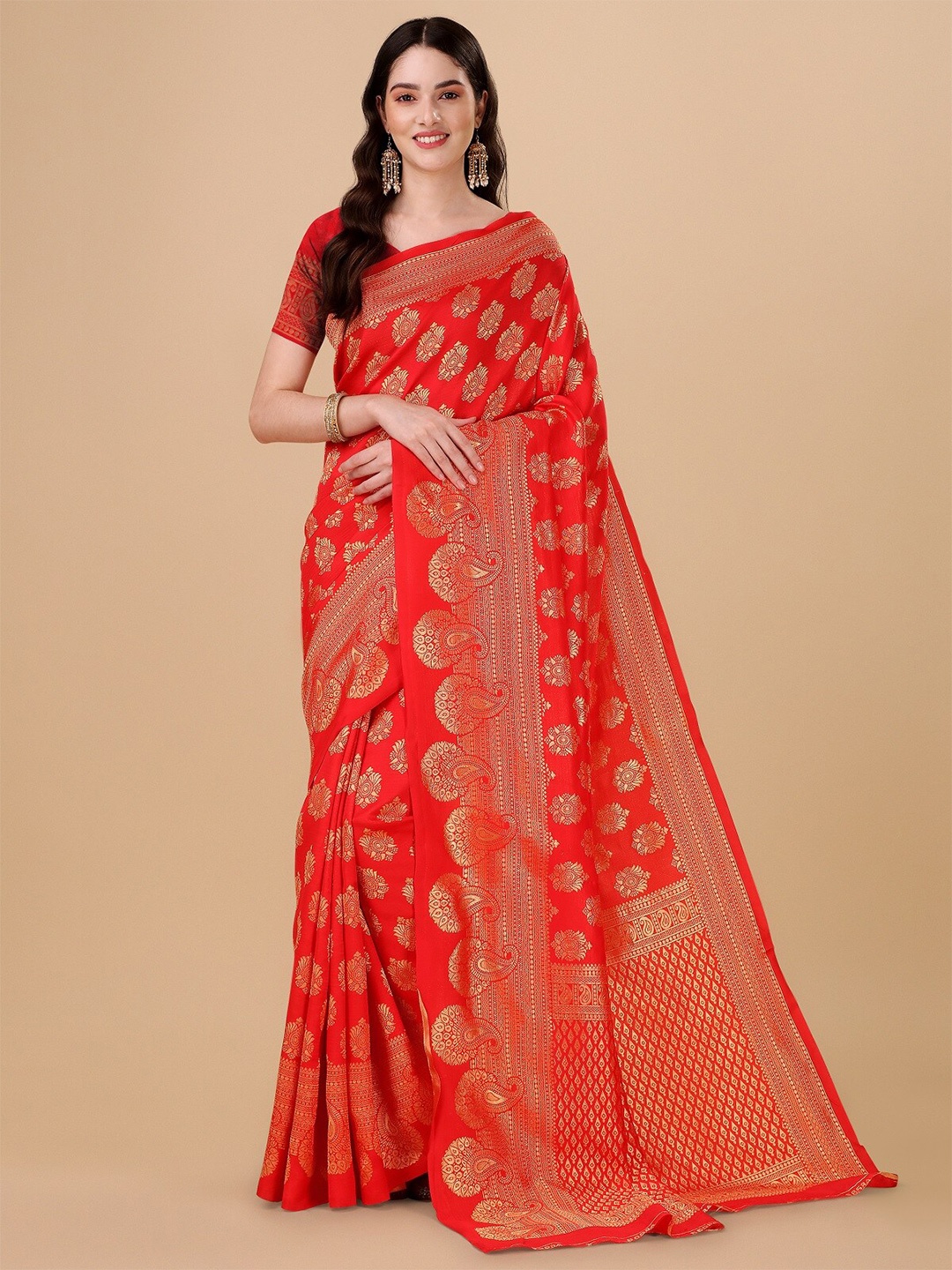 

ZIKARAA Ethnic Motifs Pure Silk Banarasi Saree, Red