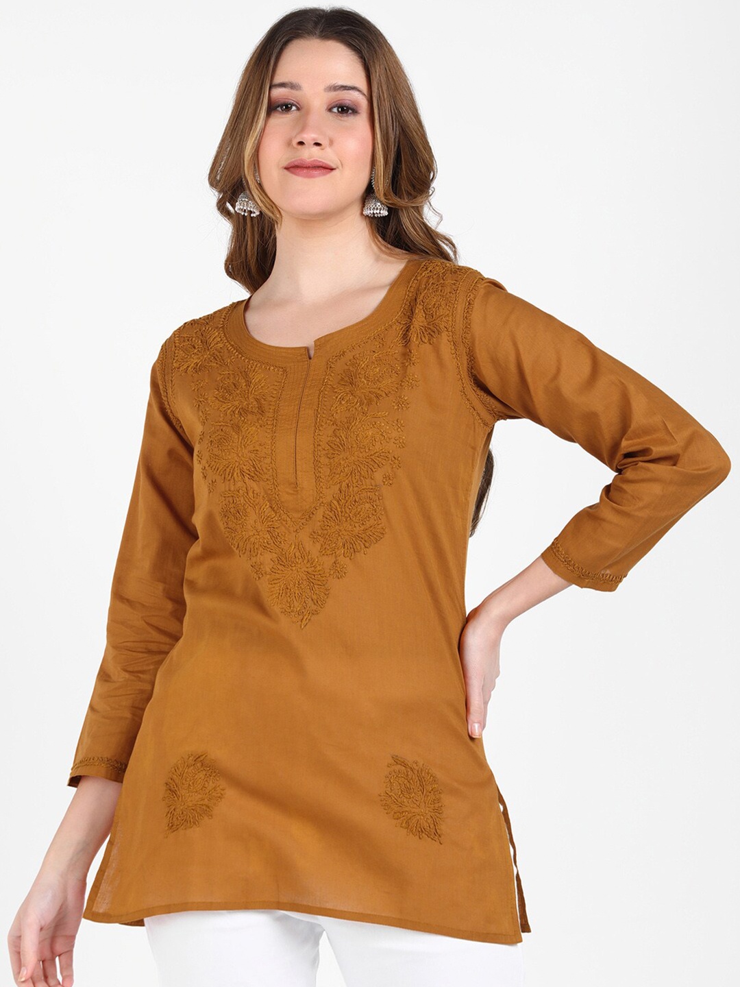 

VAHSON Women Ethnic Motifs Embroidered Chikankari Pure Cotton Kurti, Brown