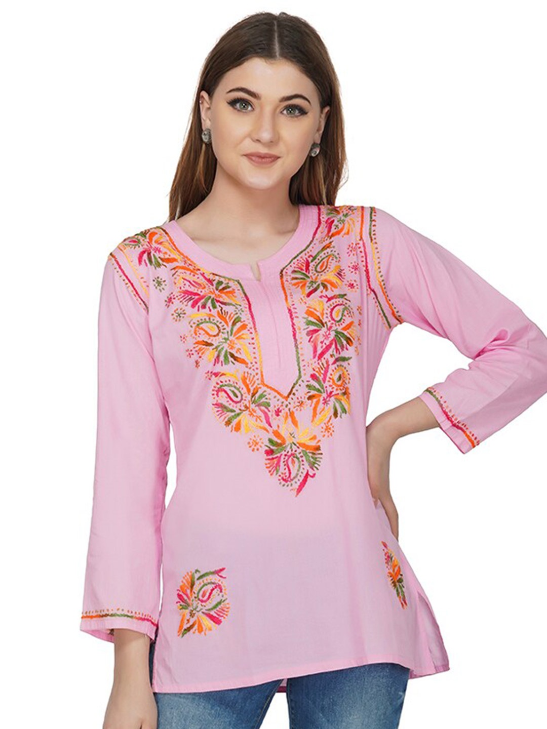 

VAHSON Women Ethnic Motifs Embroidered Chikankari Pure Cotton Kurti, Pink