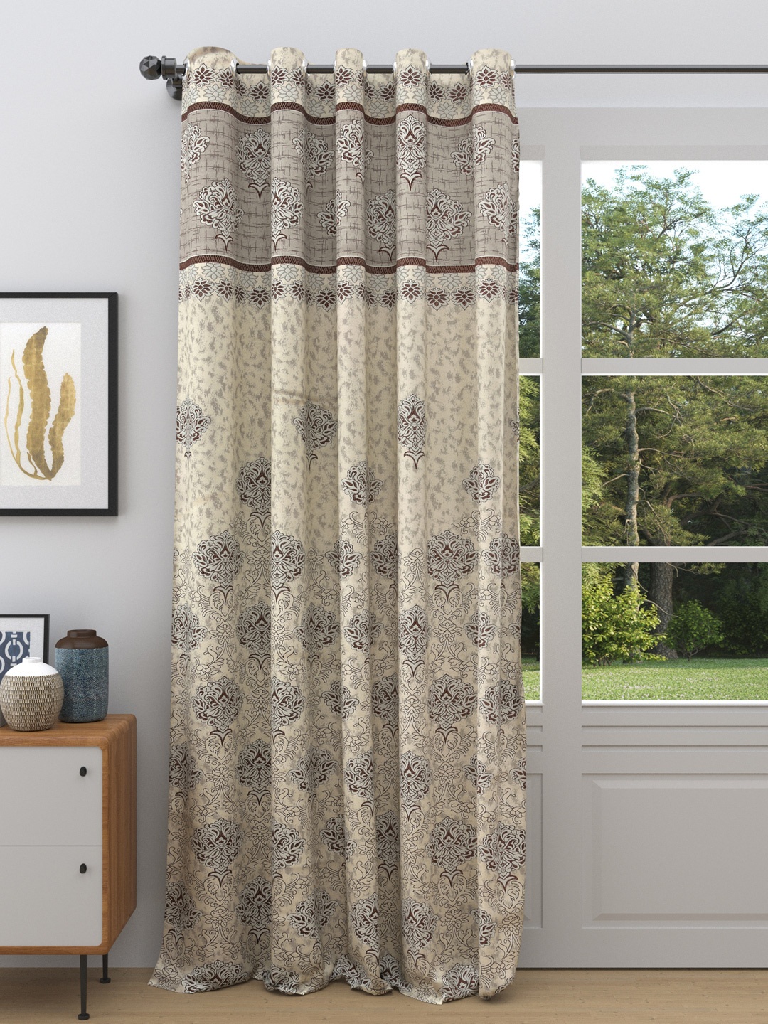 

DREAM WEAVERZ Cream-Coloured & Brown Ethnic Motifs Room Darkening Single Door Curtain