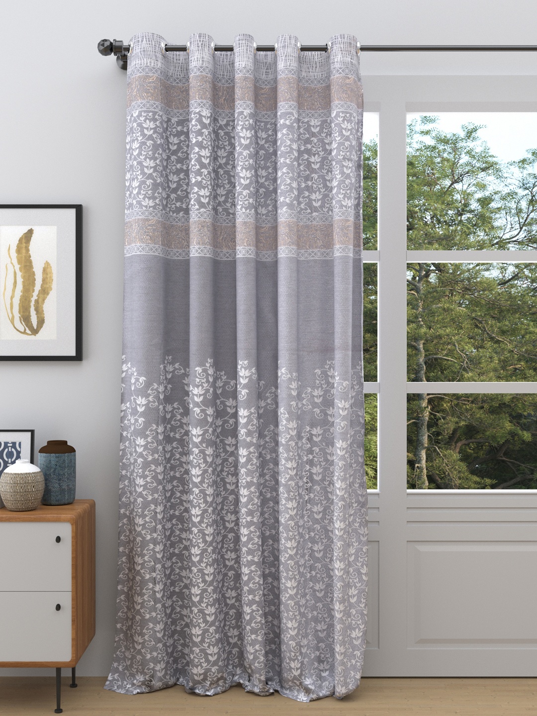 

DREAM WEAVERZ Grey & White Floral Printed Room Darkening Single Door Curtain