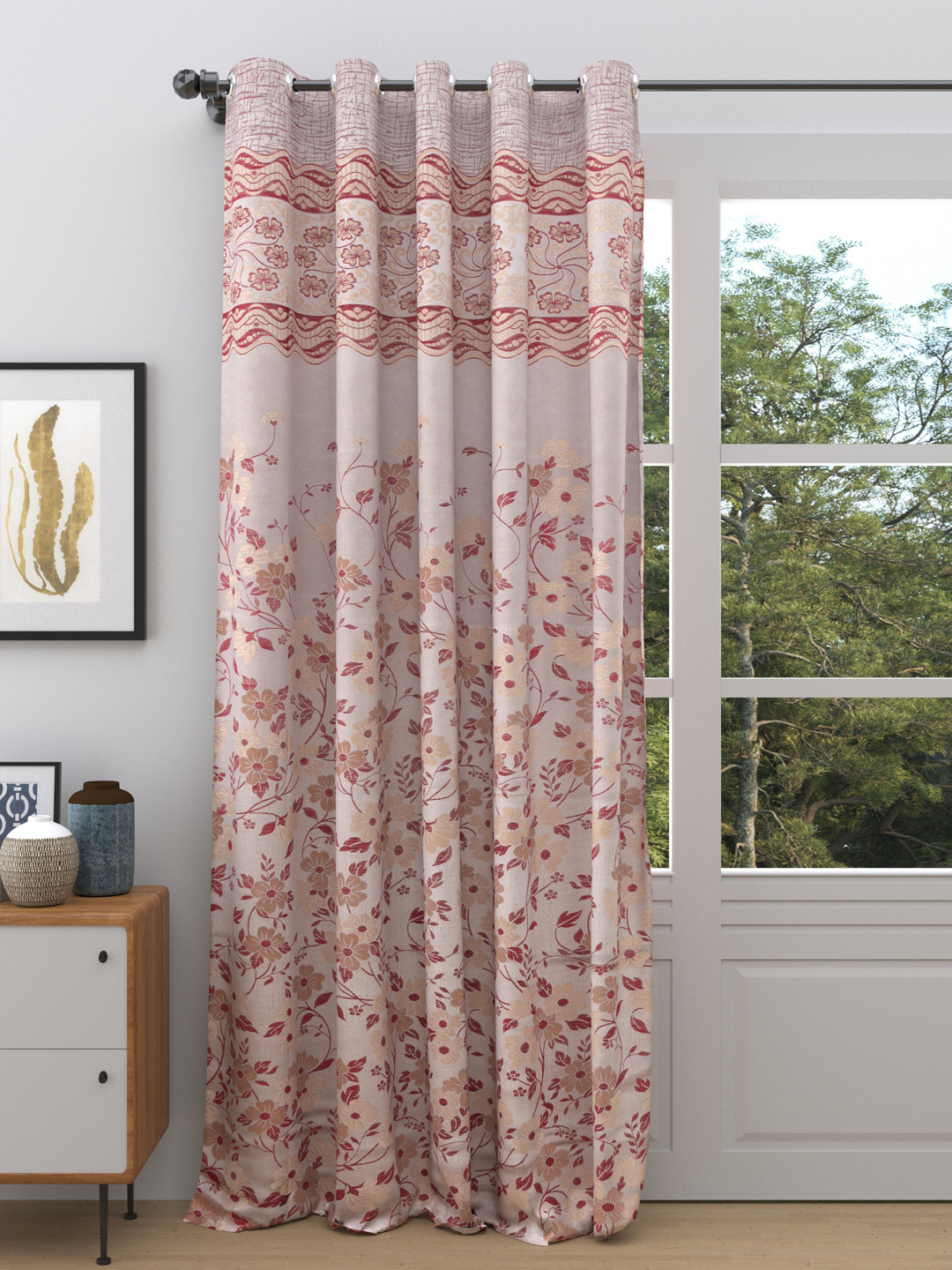 

DREAM WEAVERZ Rose Gold & Maroon Floral Printed Room Darkening Single Door Curtain