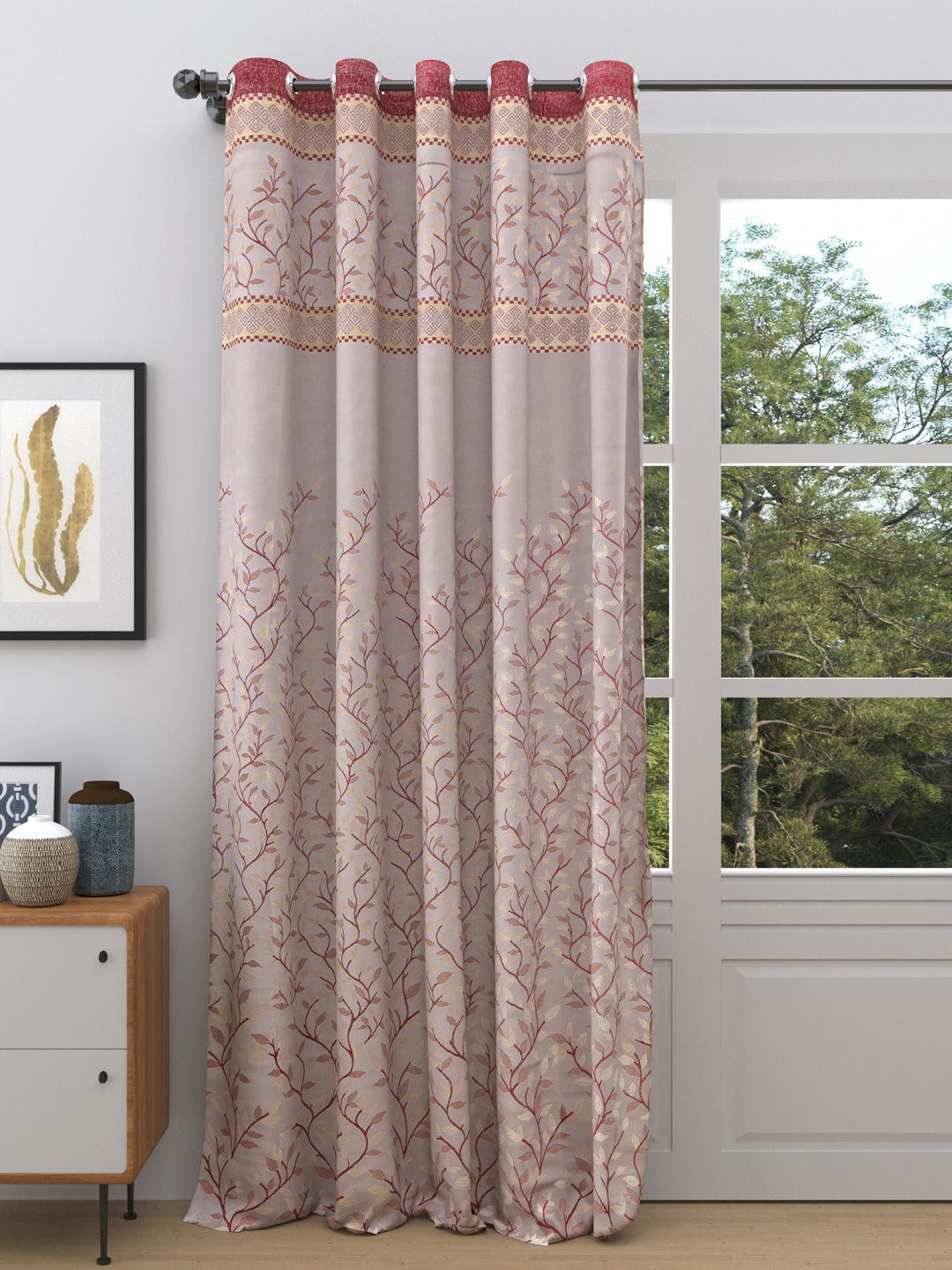 

DREAM WEAVERZ Rose Gold & Maroon Floral Printed Room Darkening Single Door Curtain