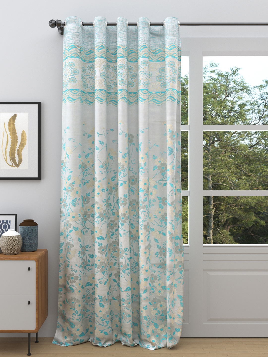 

DREAM WEAVERZ Grey & Blue Floral Printed Room Darkening Single Door Curtain