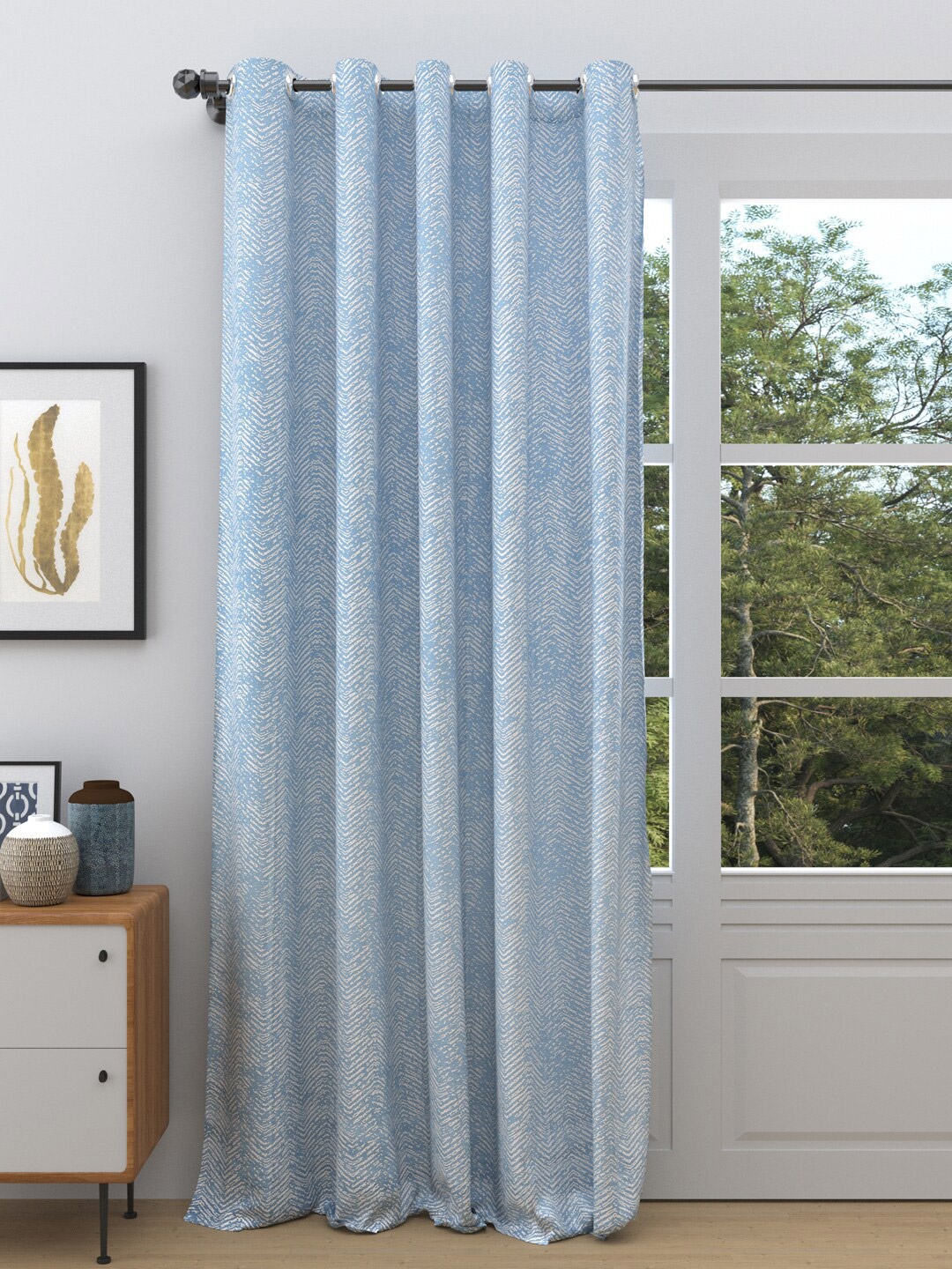 

DREAM WEAVERZ Blue & White Geometric Room Darkening Single Door Curtain