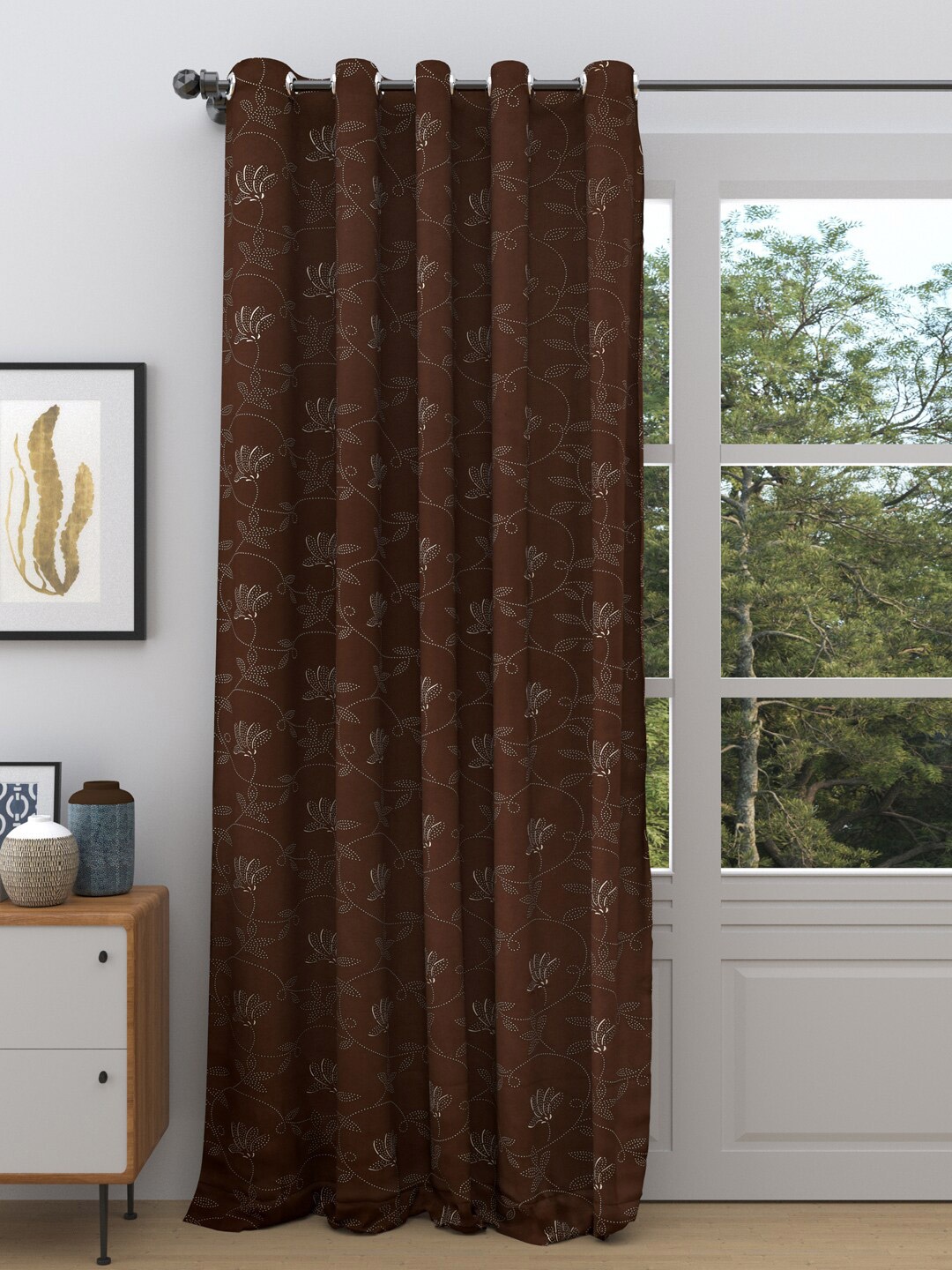 

DREAM WEAVERZ Brown Floral Printed Room Darkening Single Door Curtain