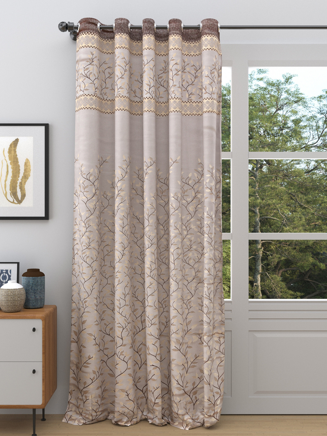 

DREAM WEAVERZ Brown & Cream-Coloured Floral Room Darkening Single Door Curtain