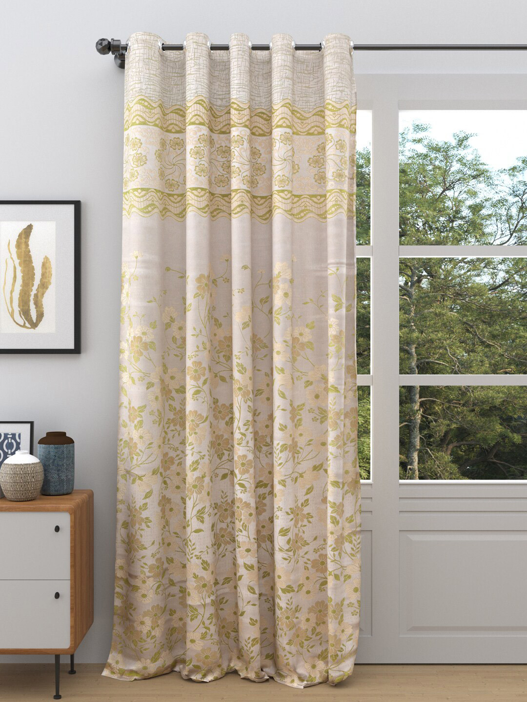 

DREAM WEAVERZ Cream-Coloured & Green Room Darkening Single Door Curtain