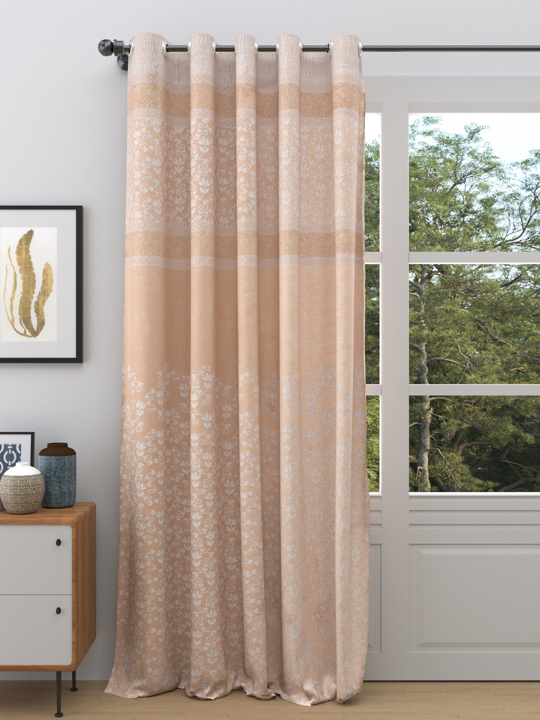 

DREAM WEAVERZ Cream-Coloured Floral Printed Room Darkening Single Door Curtain