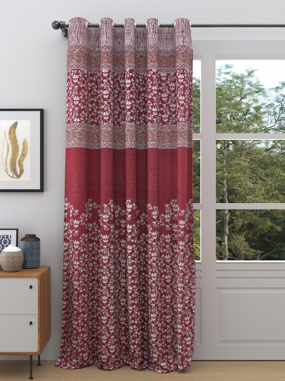 

DREAM WEAVERZ Maroon & White Floral Printed Room Darkening Single Door Curtain
