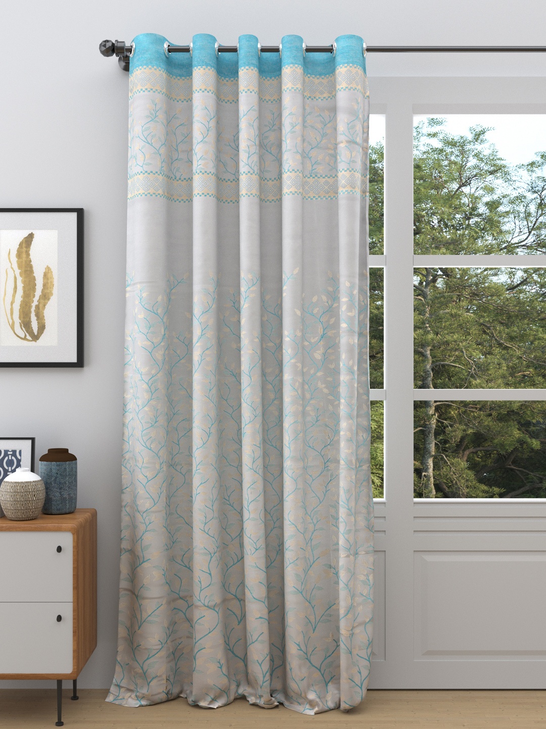 

DREAM WEAVERZ Grey & Blue Floral Room Darkening Single Door Curtain