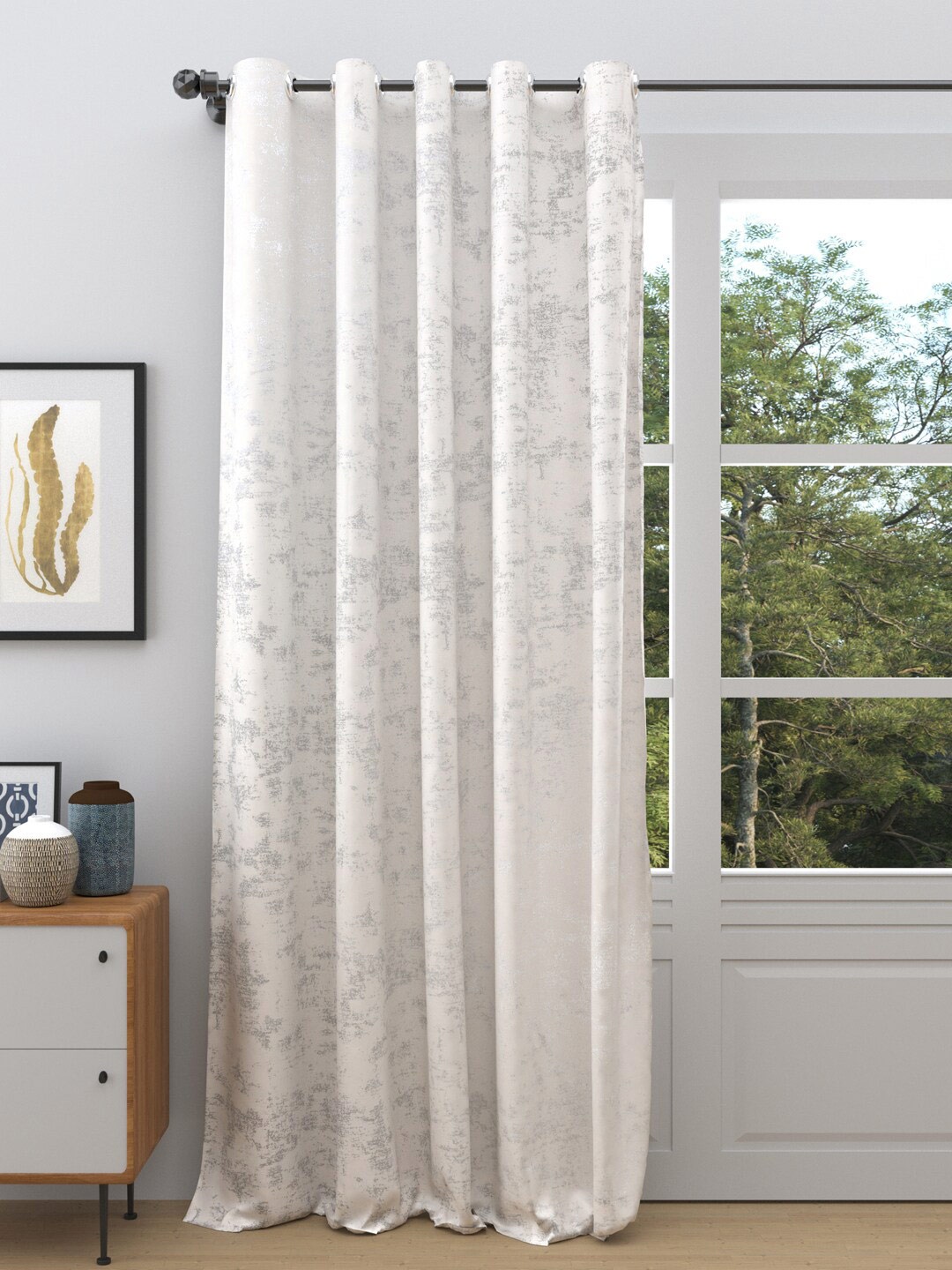 

DREAM WEAVERZ White & Grey Abstract Printed Room Darkening Single Door Curtain