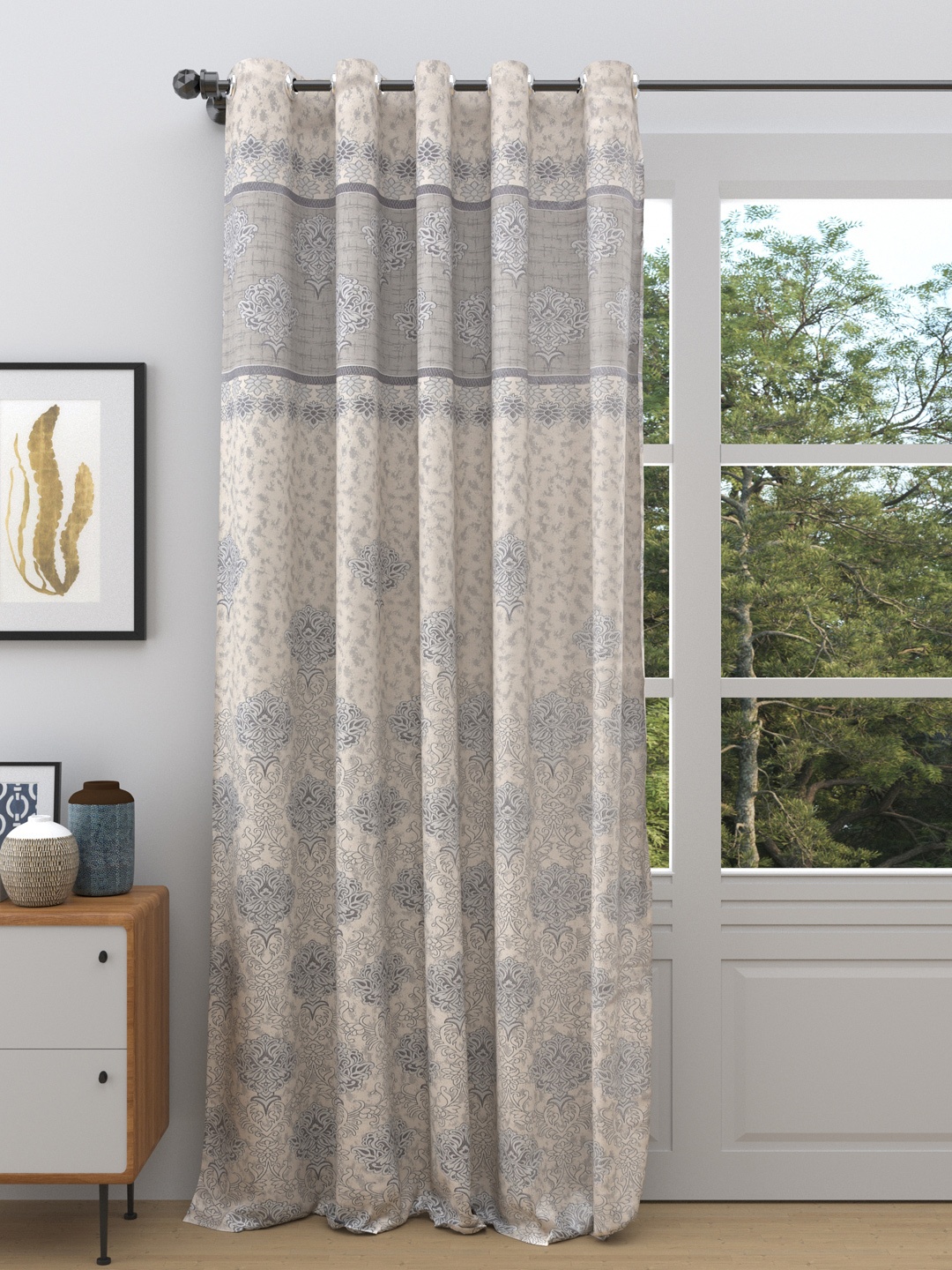 

DREAM WEAVERZ Cream-Coloured & Grey Floral Room Darkening Single Door Curtain