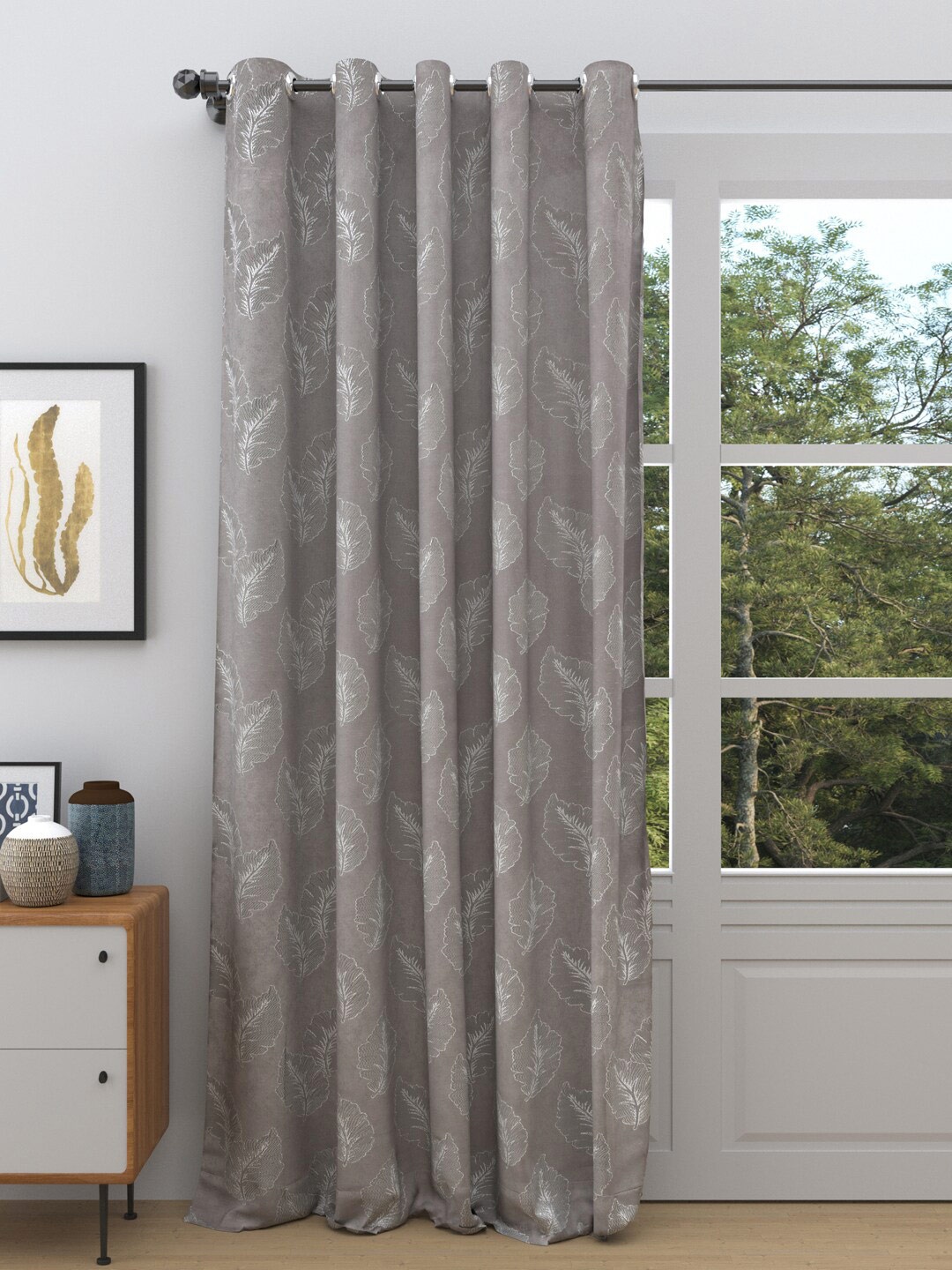 

DREAM WEAVERZ Grey & White Floral Room Darkening Single Door Curtain