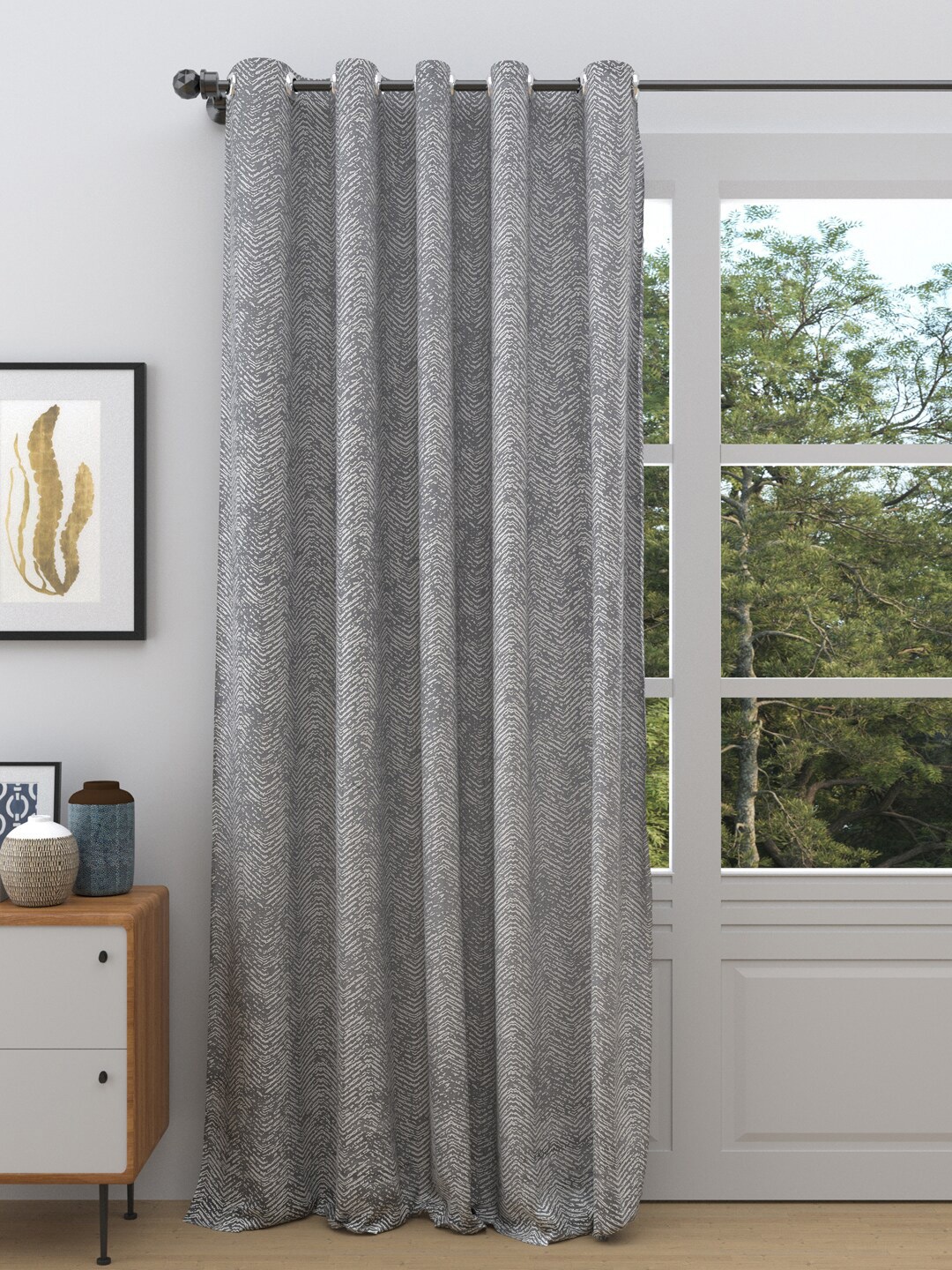 

DREAM WEAVERZ Grey Geometric Zig Zag Printed Room Darkening Door Curtain