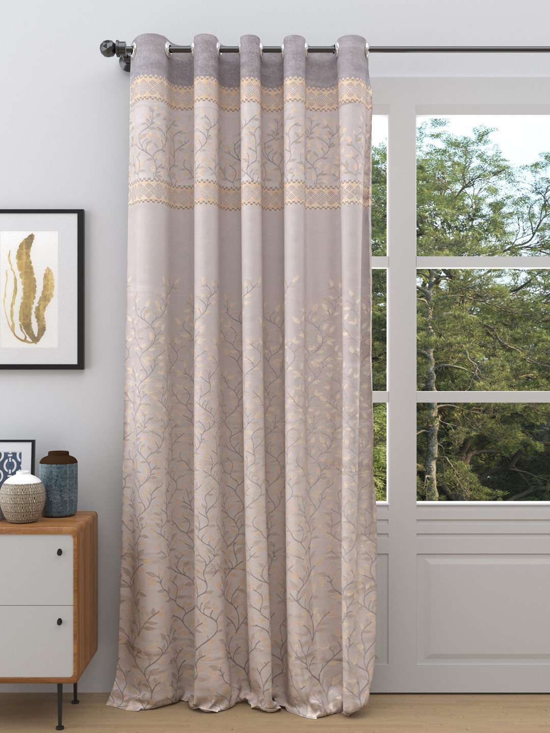 DREAM WEAVERZ Grey & Cream-Coloured Floral Room Darkening Single Door Curtain