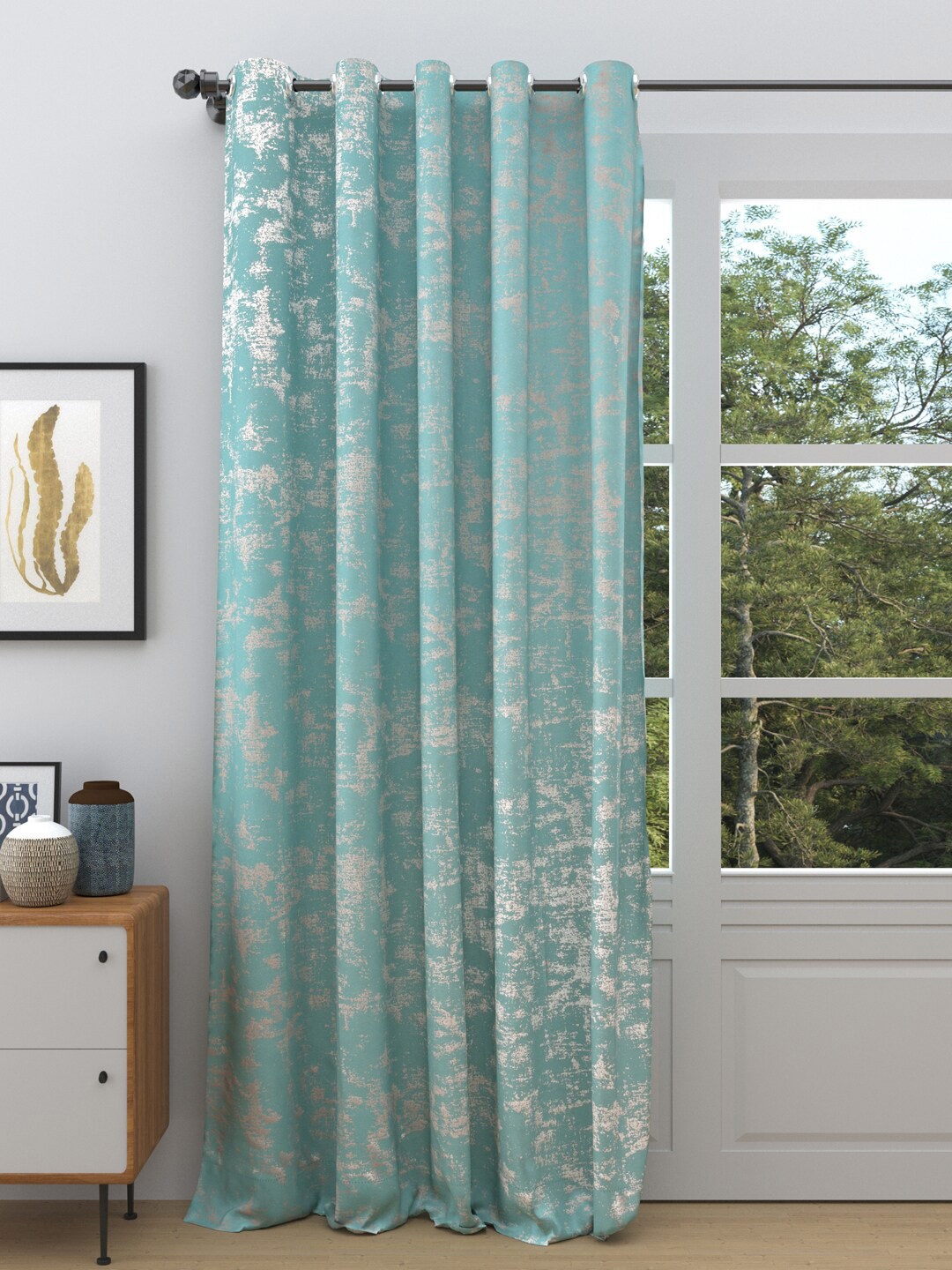 

DREAM WEAVERZ Sea Green Abstract Printed Room Darkening Single Door Curtain