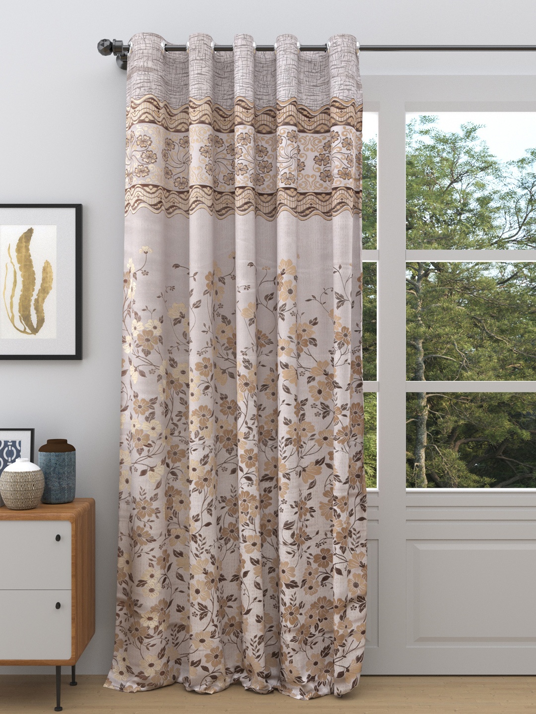 

DREAM WEAVERZ Cream & Brown Floral Room Darkening Single Door Curtain