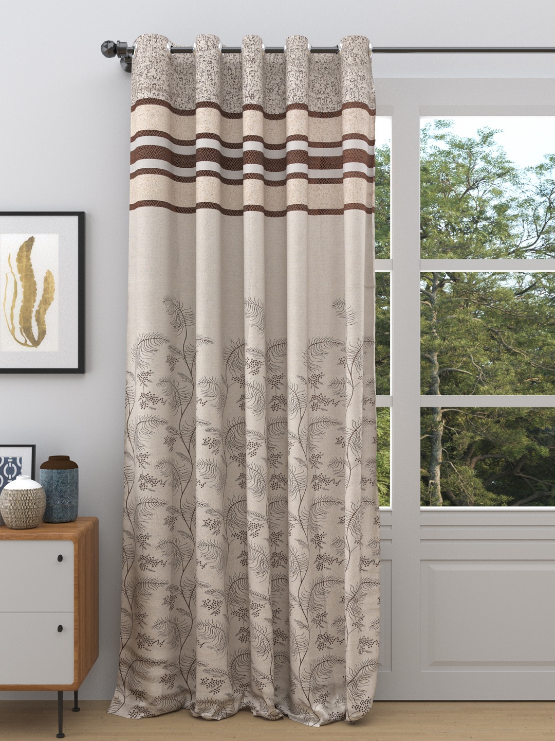 

DREAM WEAVERZ Cream-Coloured & White Floral Room Darkening Single Door Curtain